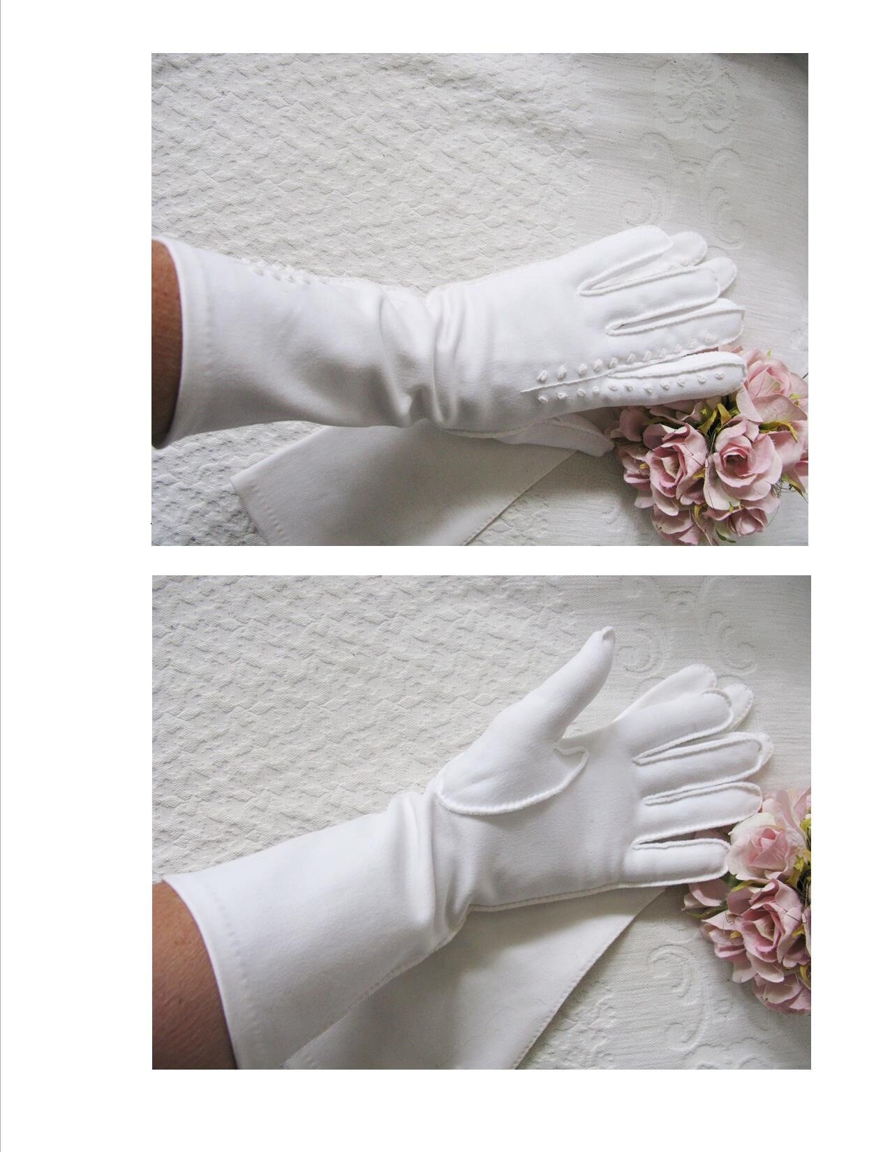 Vintage White Gloves Size 7-8 Wedding Classic Retro Mid Century Bride Bridesmaid Downton Austen Cosplay Free Ship US When Roses Bloom