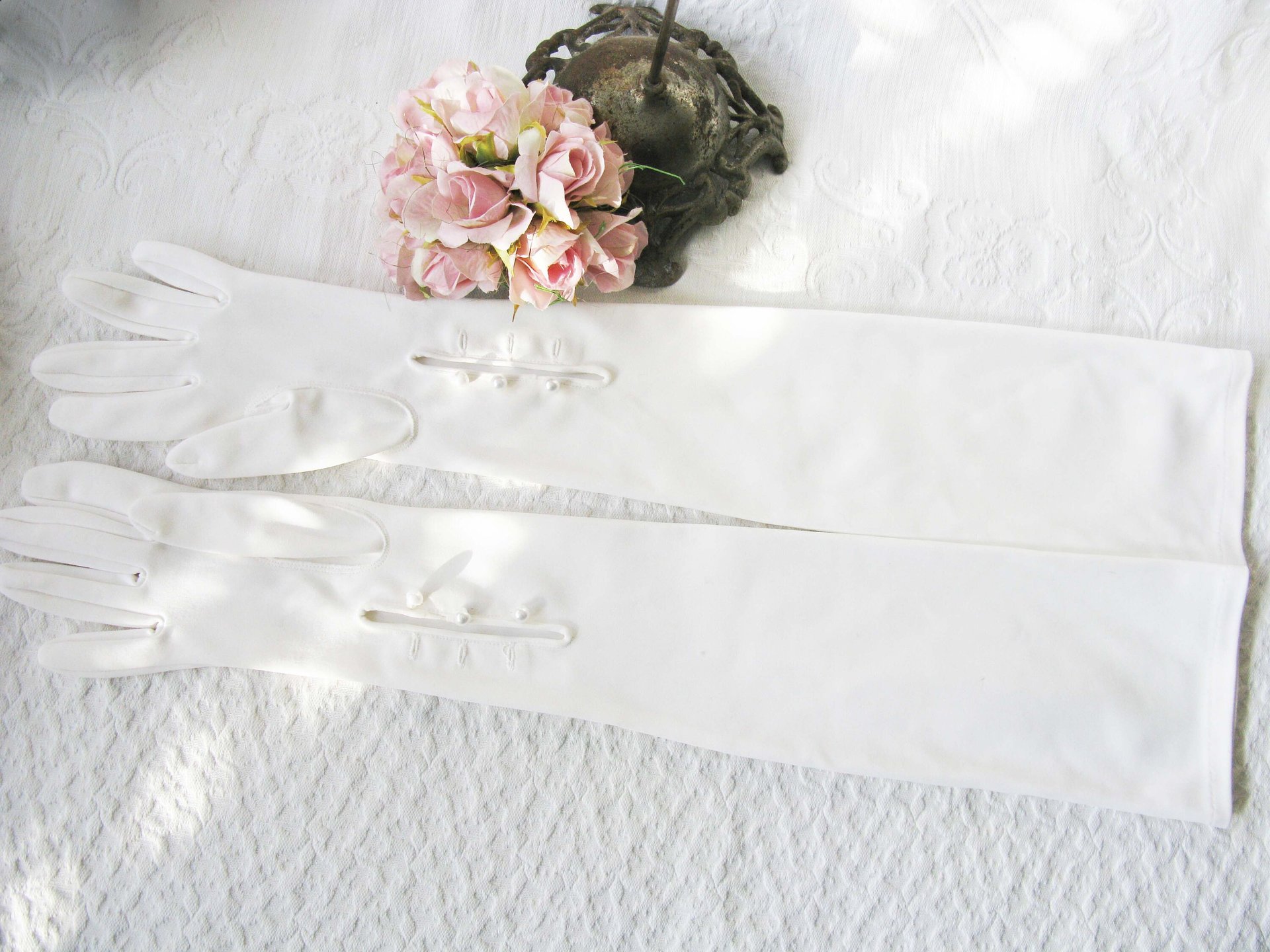 Gloves White Debutante Long Opera 3 Button Vintage Mid Century Wedding Style Downton Titanic Jane Austen Cosplay WhenRosesBloom