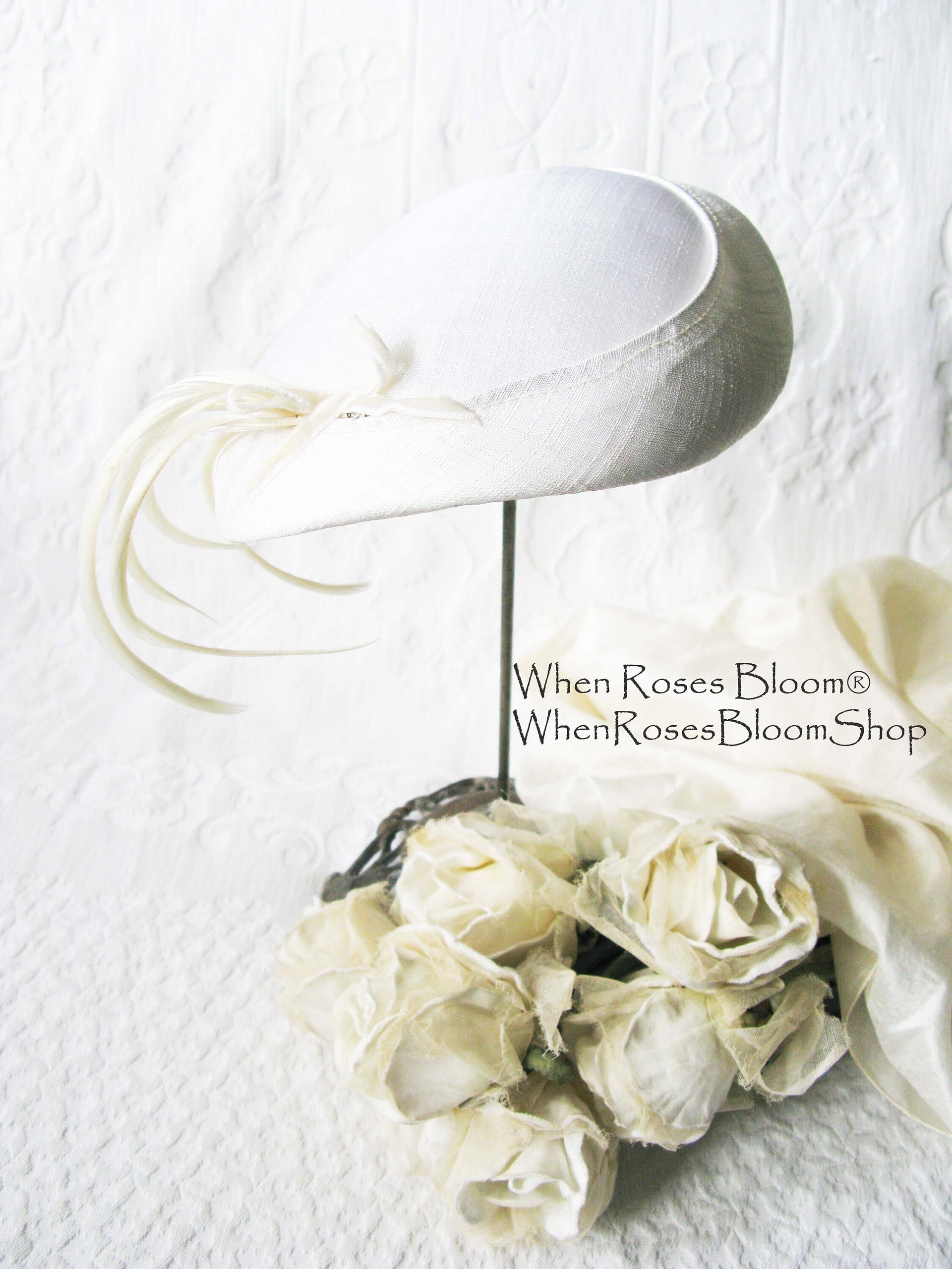 Vintage Hat White Fascinator Cocktail Tea Party Wedding Bridal Art Deco Gatsby Hat w/Feathers Mid Century WhenRosesBloom