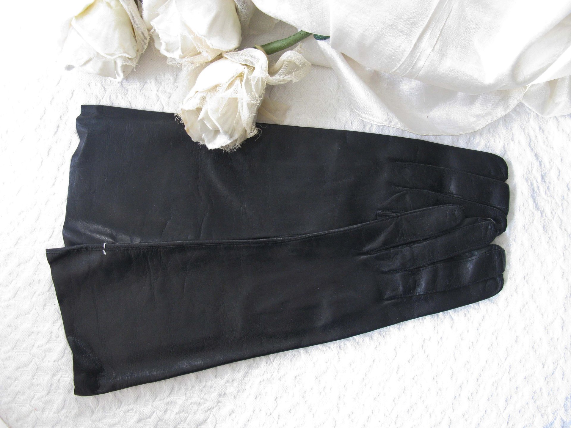 Black Leather Gloves Vintage French Size 7 1/2 Harzfeld NOS Downton Steampunk Downton  Miss Fisher 50s 60s Cosplay WhenRosesBloom