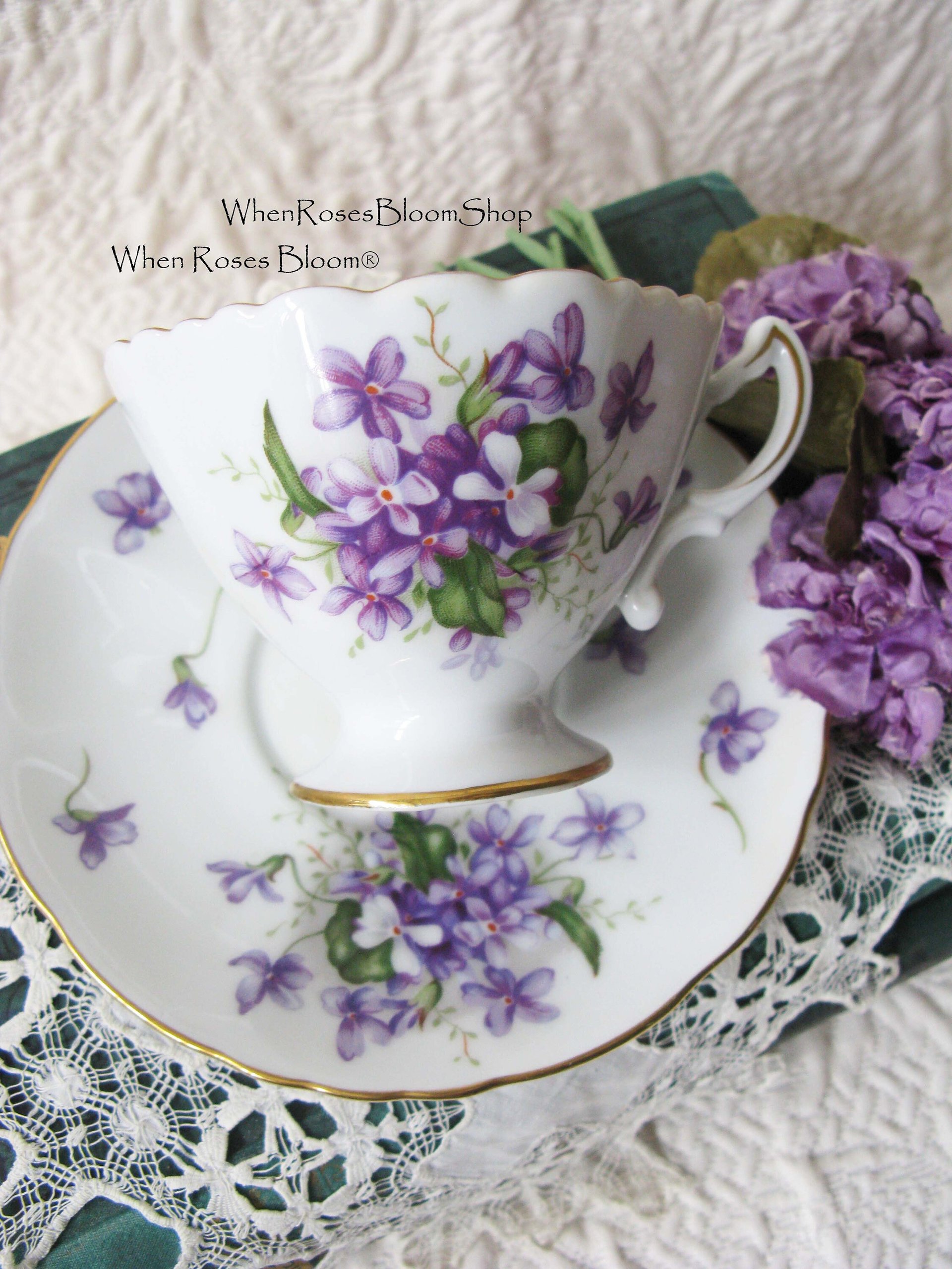 Vintage Violet Footed Teacup Rossetti China Purple violets with fancy handle and gold trim When Roses Bloom® 