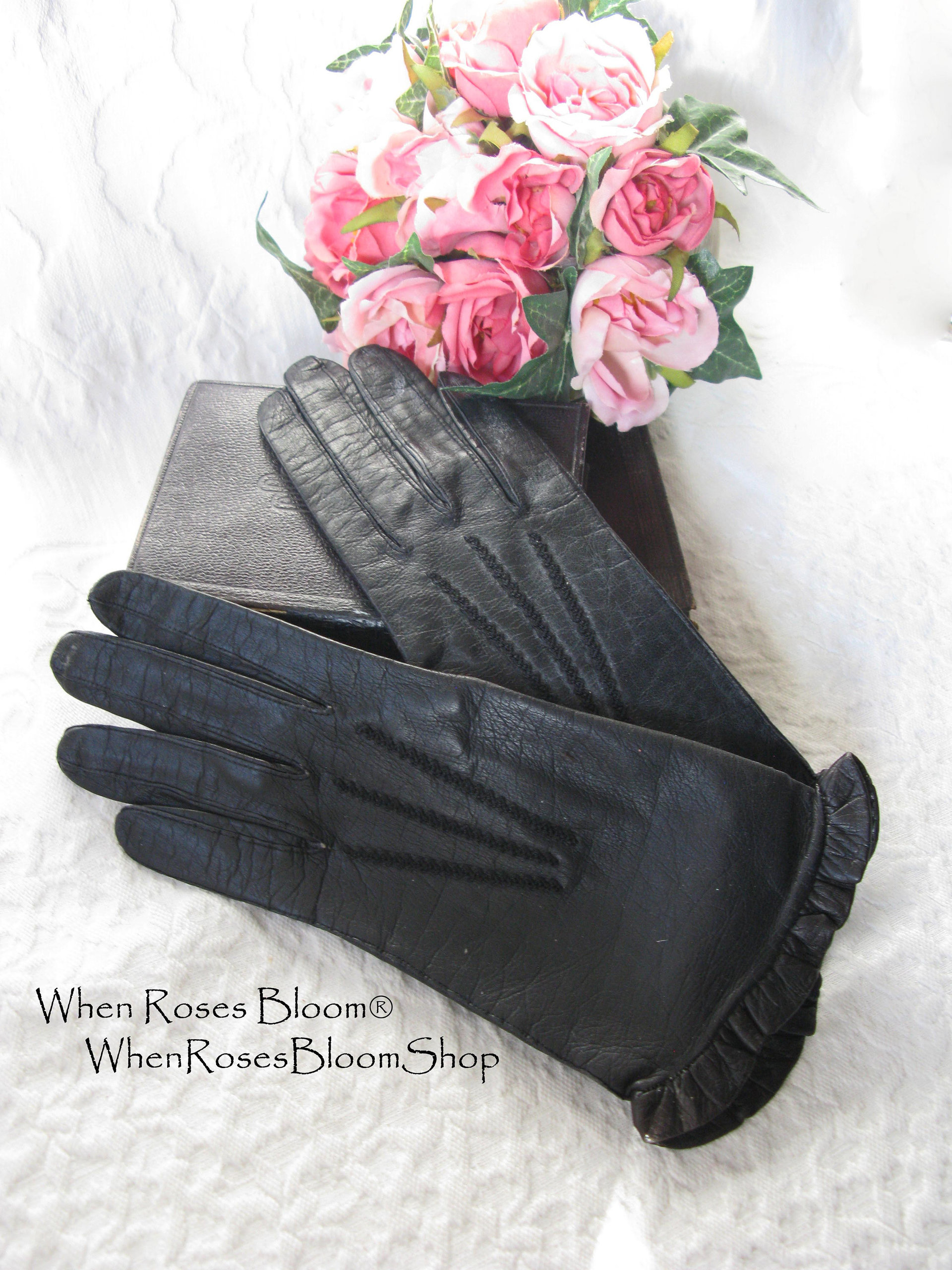 Black Gloves Sz 6 Kid Leather Ruffle Vintage Downton Miss Fisher Elegant Steampunk Cosplay Mid Century Harzfeld FREE Ship US  WhenRosesBloom