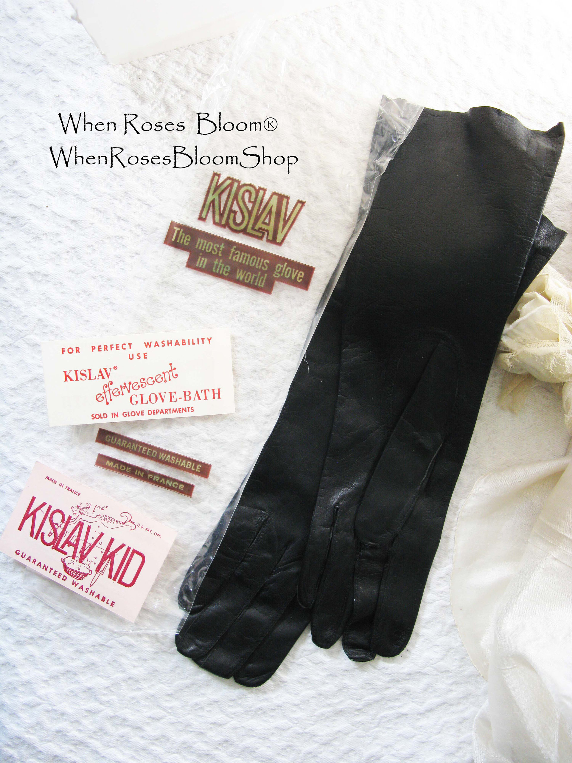 Black Leather Gloves Vintage French Size 7 1/2 Harzfeld NOS Downton Steampunk Downton  Miss Fisher 50s 60s Cosplay WhenRosesBloom