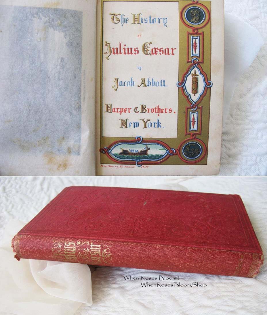 Red Book Vintage Rare Classic History of Julius Caesar circa 1849 Decorative Library Gift Art Nouveau Graphic Cover Engraving WhenRosesBloom