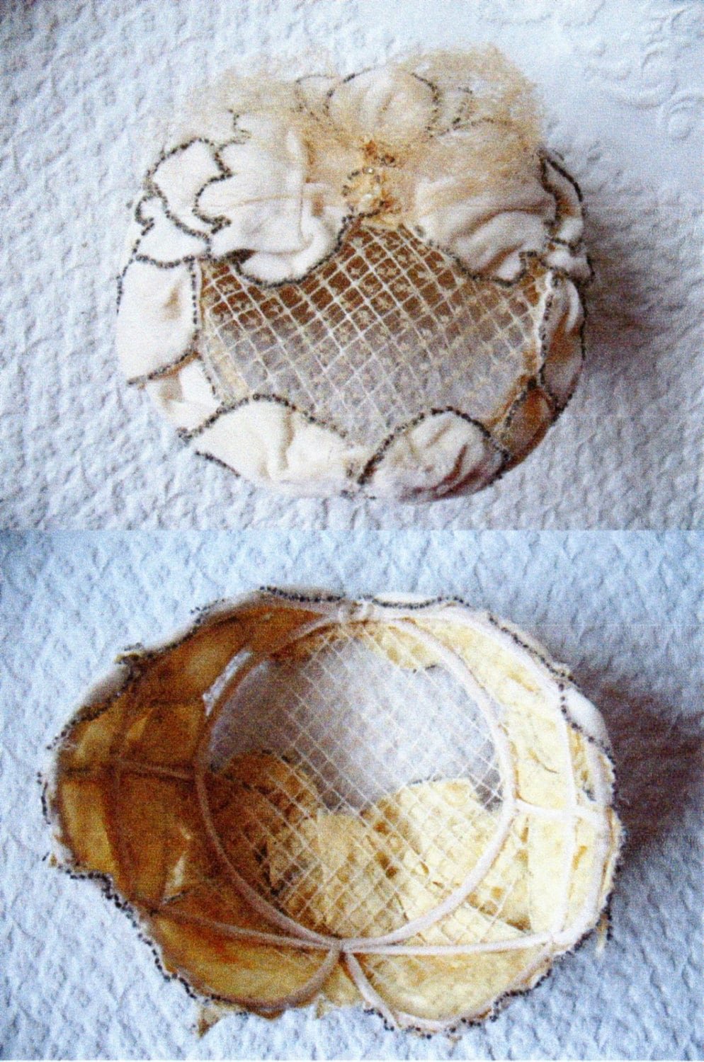 Vintage Hat 1920s Wedding  Bridal Headpiece Tea Wedding Veil Eggshell Toque White/ Silver Beads Flapper  Gatsby Art Deco WhenRosesBloom