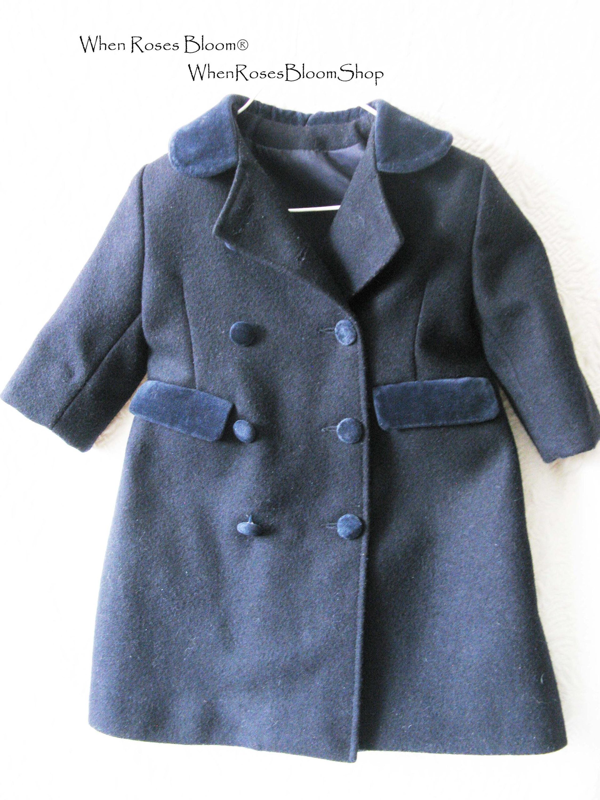 Vintage French Child Size 2 Navy Blue Wool Coat Classic Double Breasted Style Velvet Collar Gender Neutral Classic English WhenRosesBloom