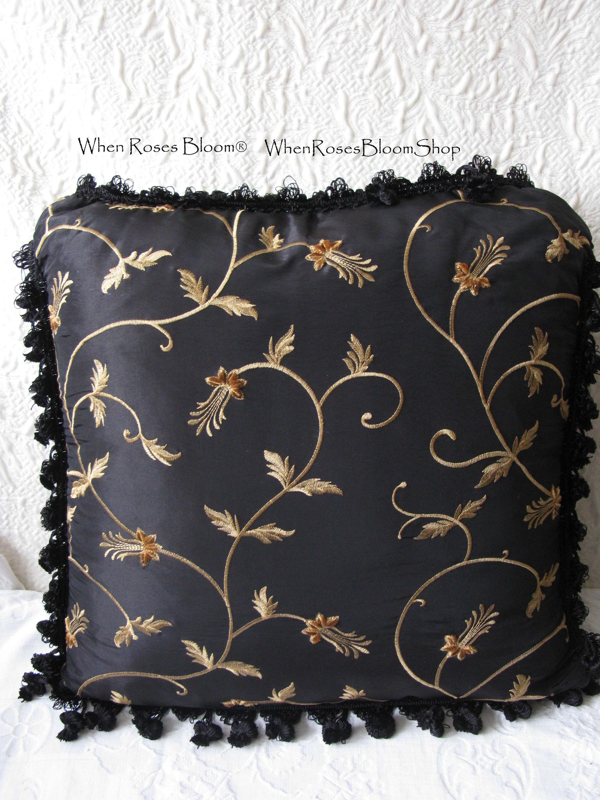 Vintage Black Gold Silk accent pillow Elegant Shabby Granny chic European Southern Farmhouse Cottage Style WhenRosesBloom