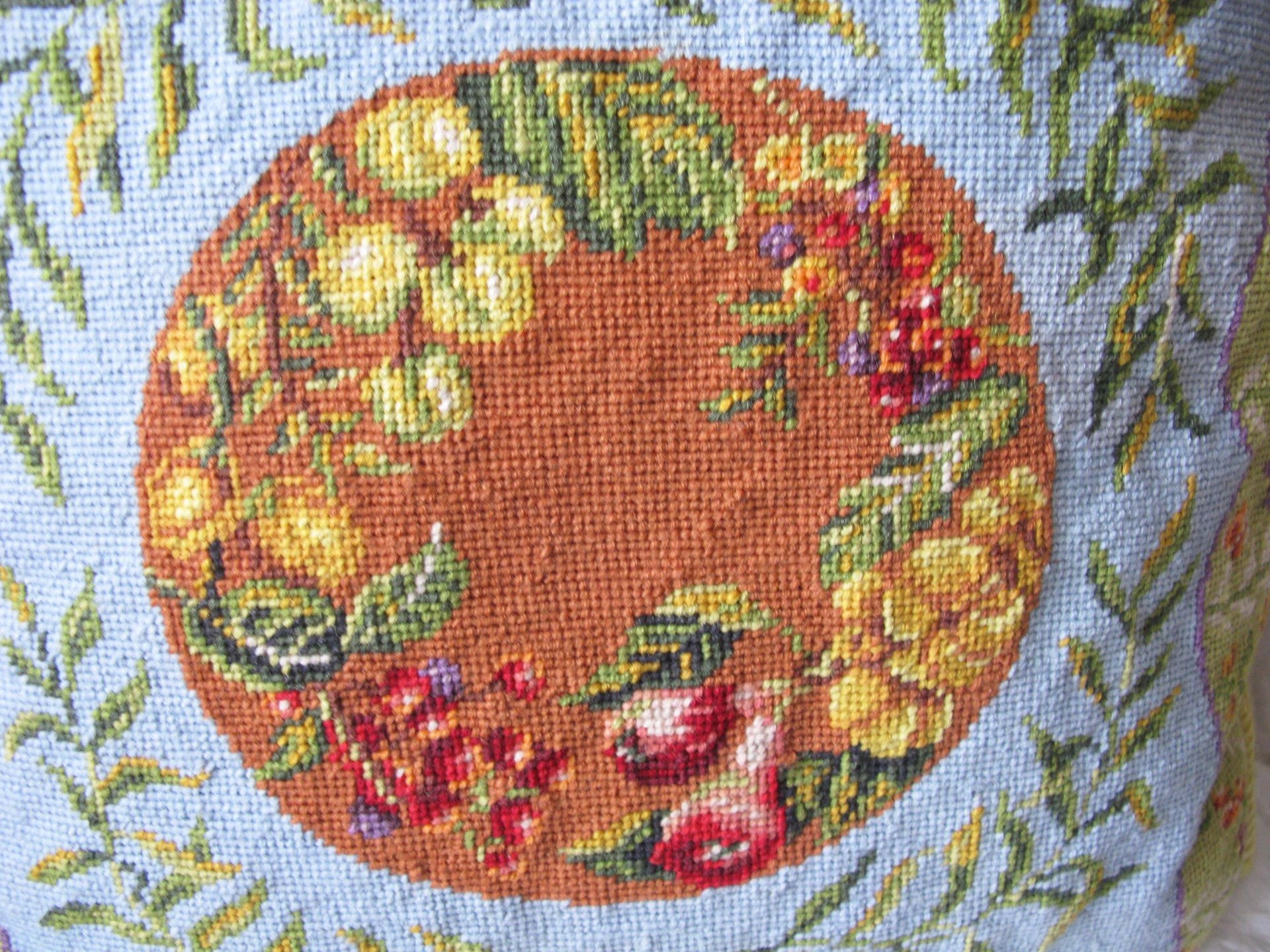 Vintage Needlepoint accent pillow with Fruit pattern Elegant Shabby Granny chic European Southern Farmhouse Cottage Style WhenRosesBloom