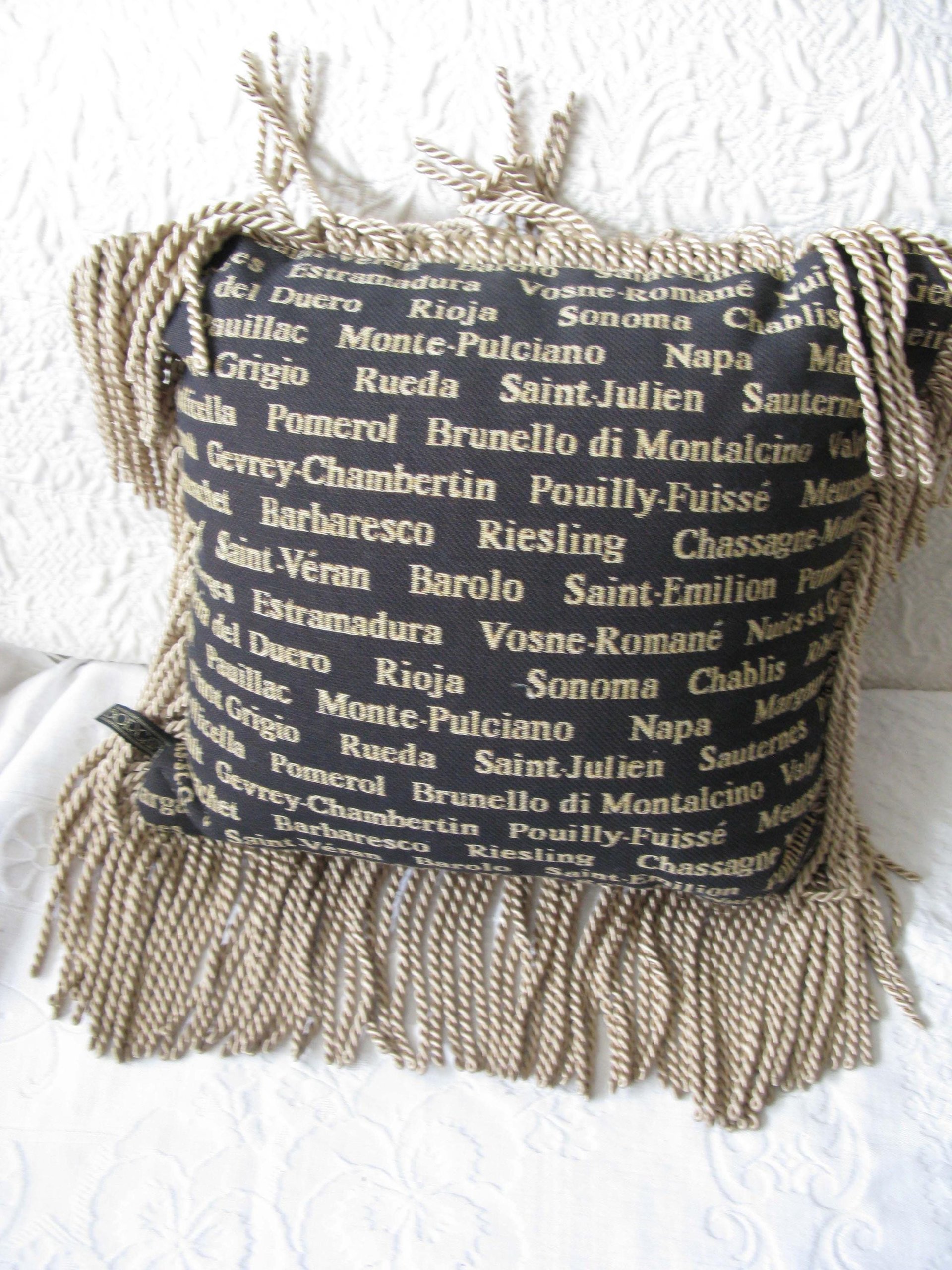 Vintage Pillow Tapestry Fringe Wine names accent pillow Elegant Shabby Chic Farmhouse Cottage Style WhenRosesBloom