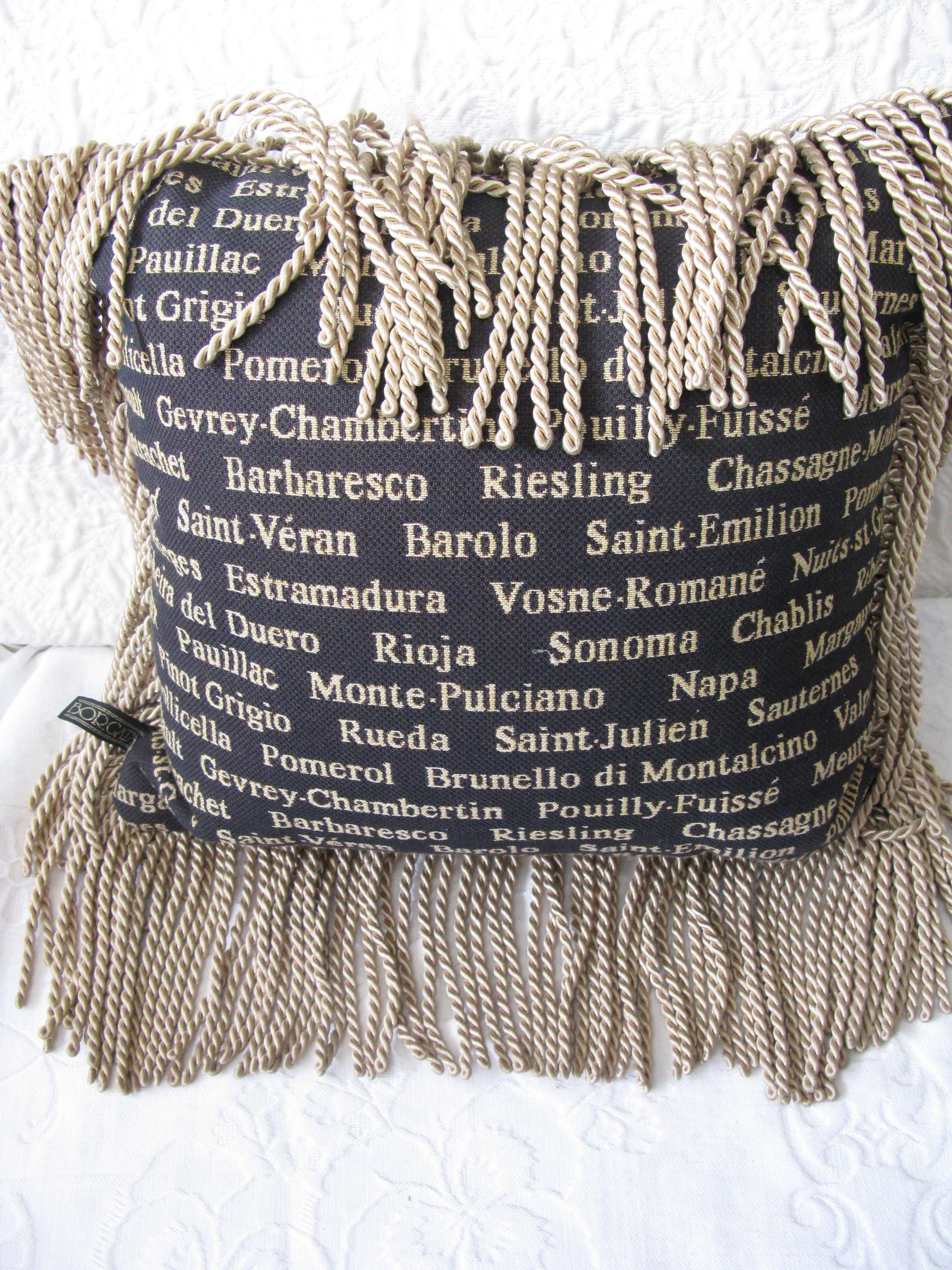 Vintage Pillow Tapestry Fringe Wine names accent pillow Elegant Shabby Chic Farmhouse Cottage Style WhenRosesBloom