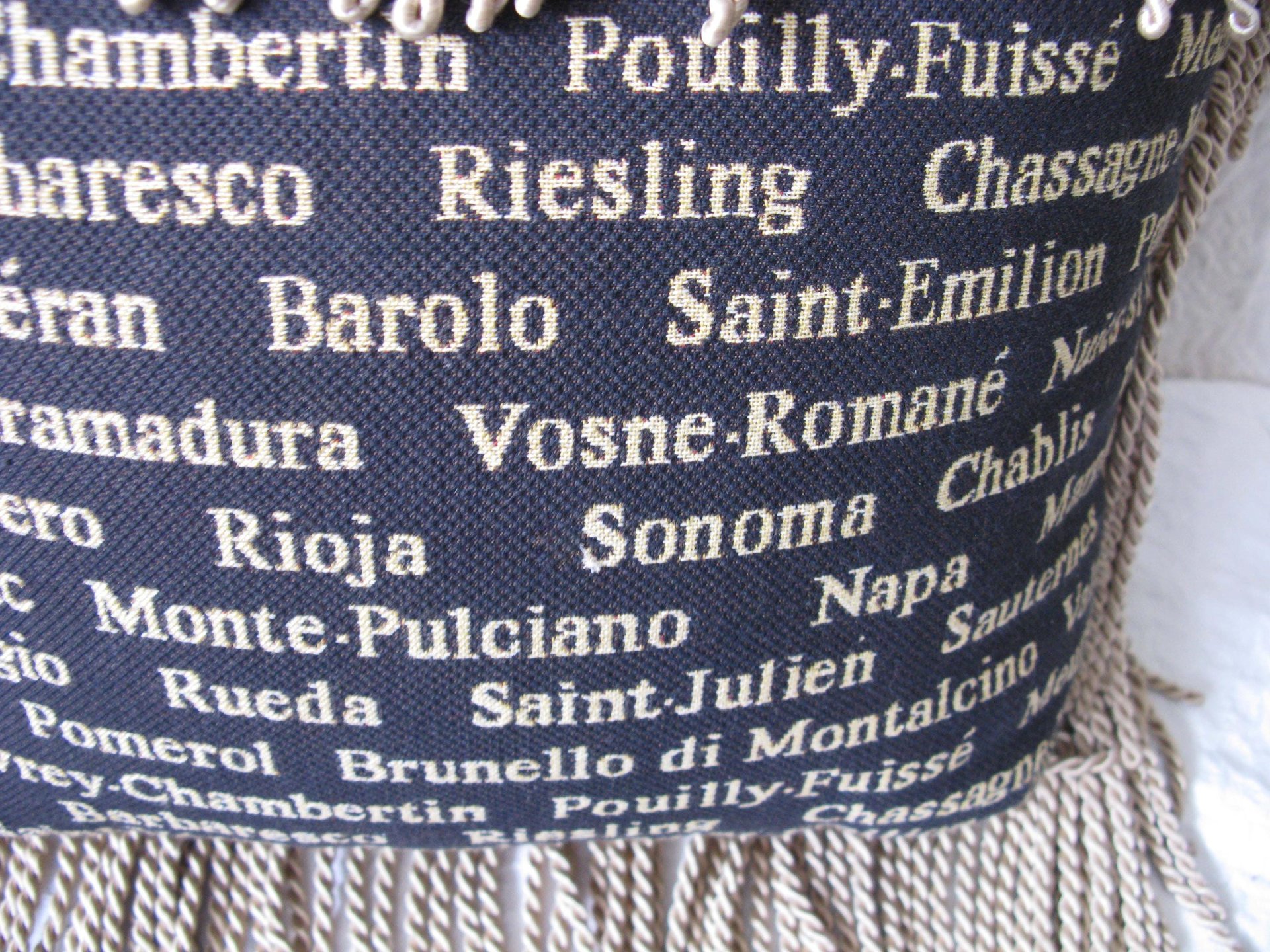 Vintage Pillow Tapestry Fringe Wine names accent pillow Elegant Shabby Chic Farmhouse Cottage Style WhenRosesBloom