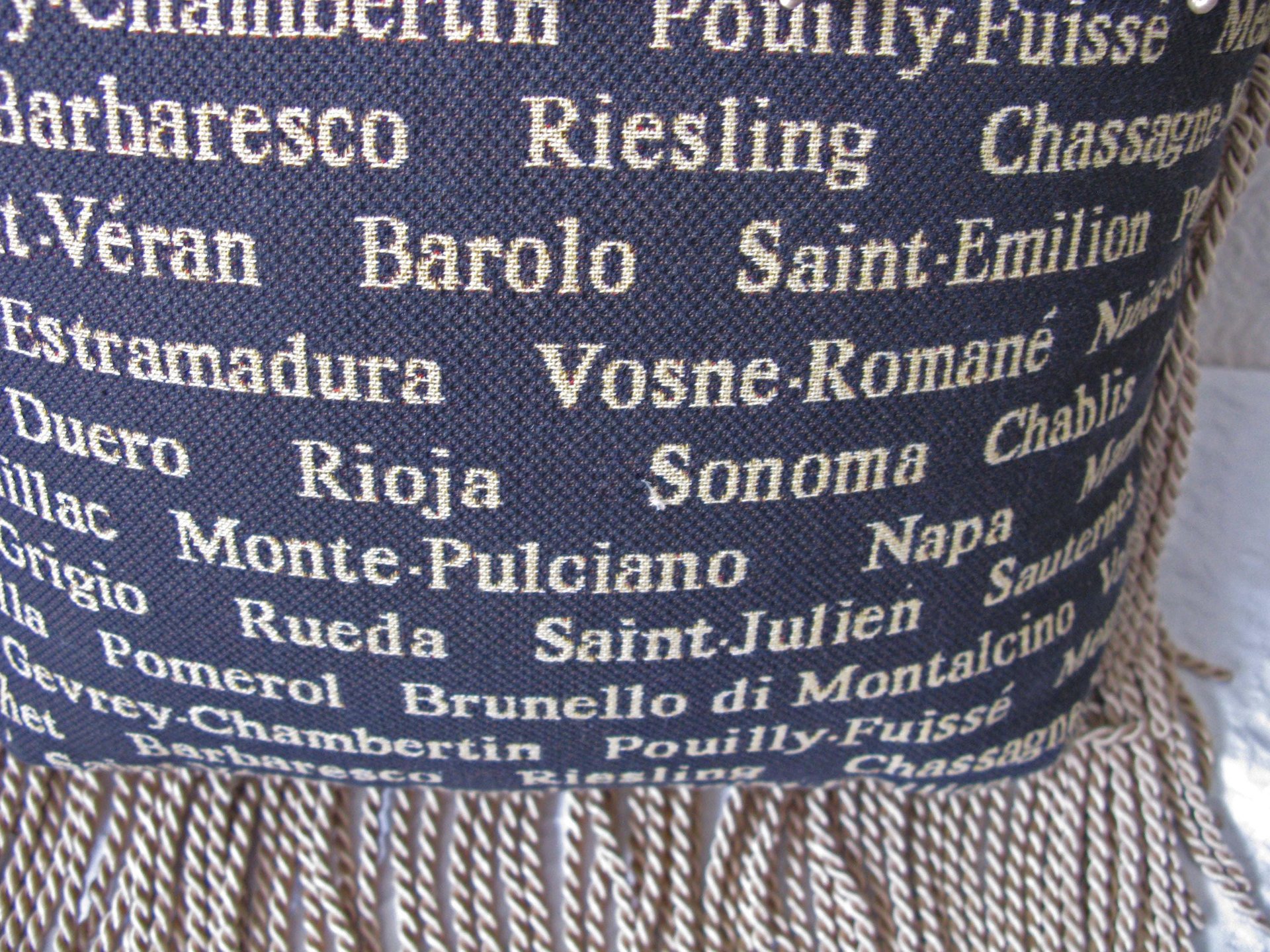 Vintage Pillow Tapestry Fringe Wine names accent pillow Elegant Shabby Chic Farmhouse Cottage Style WhenRosesBloom