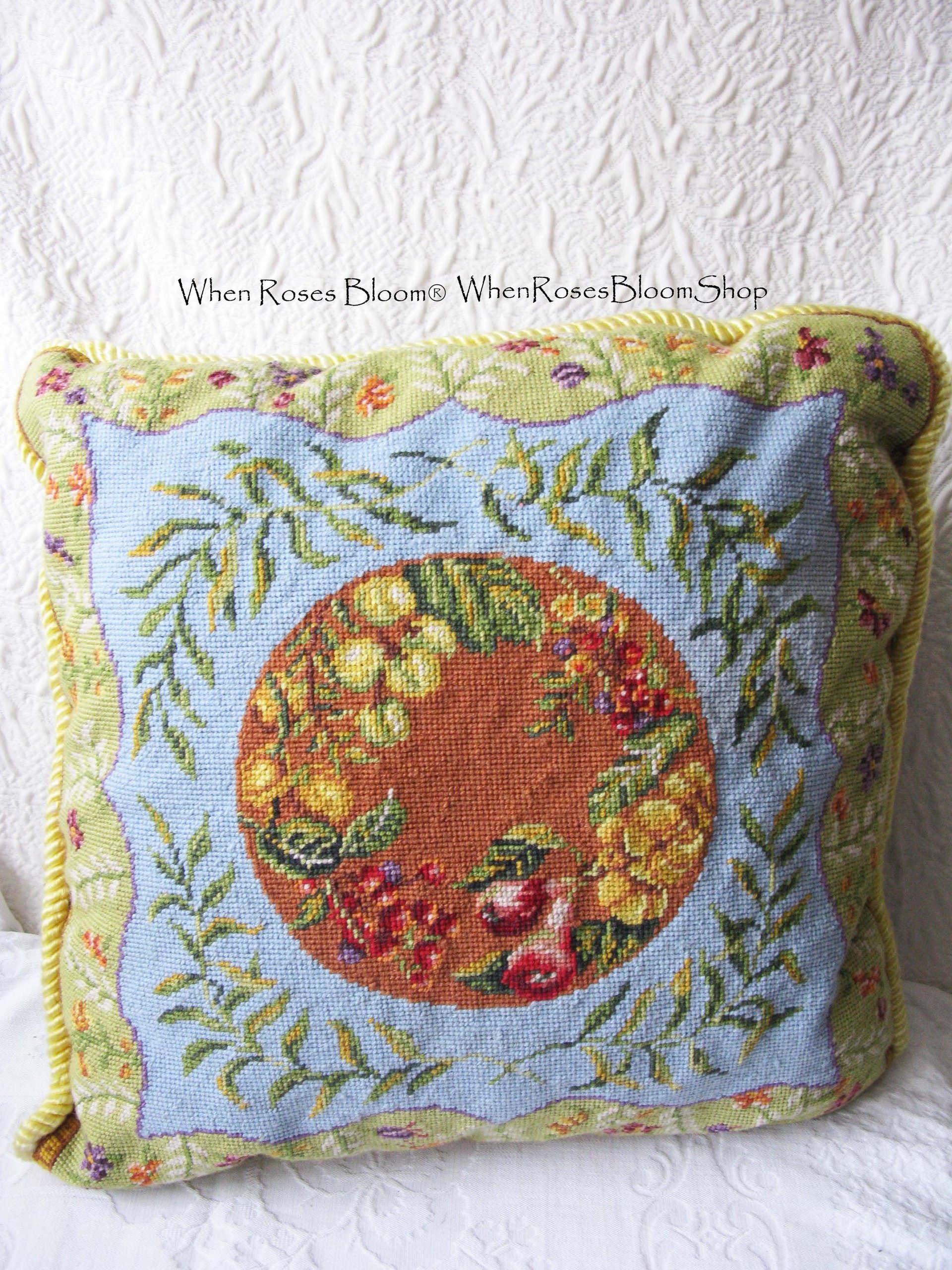 Vintage Needlepoint accent pillow with Fruit pattern Elegant Shabby Granny chic European Southern Farmhouse Cottage Style WhenRosesBloom