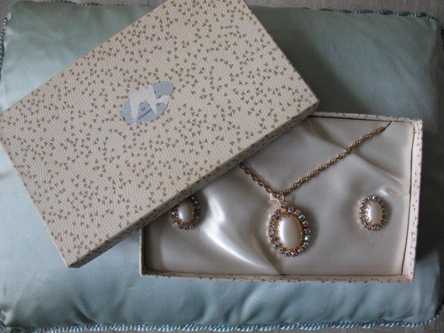 Vintage Rhinestone Necklace Earrings Pearl Gold Tone 1950s Mid Century Wedding Retro Jewelry Downton Abbey J Austen Cosplay WhenRosesBloom
