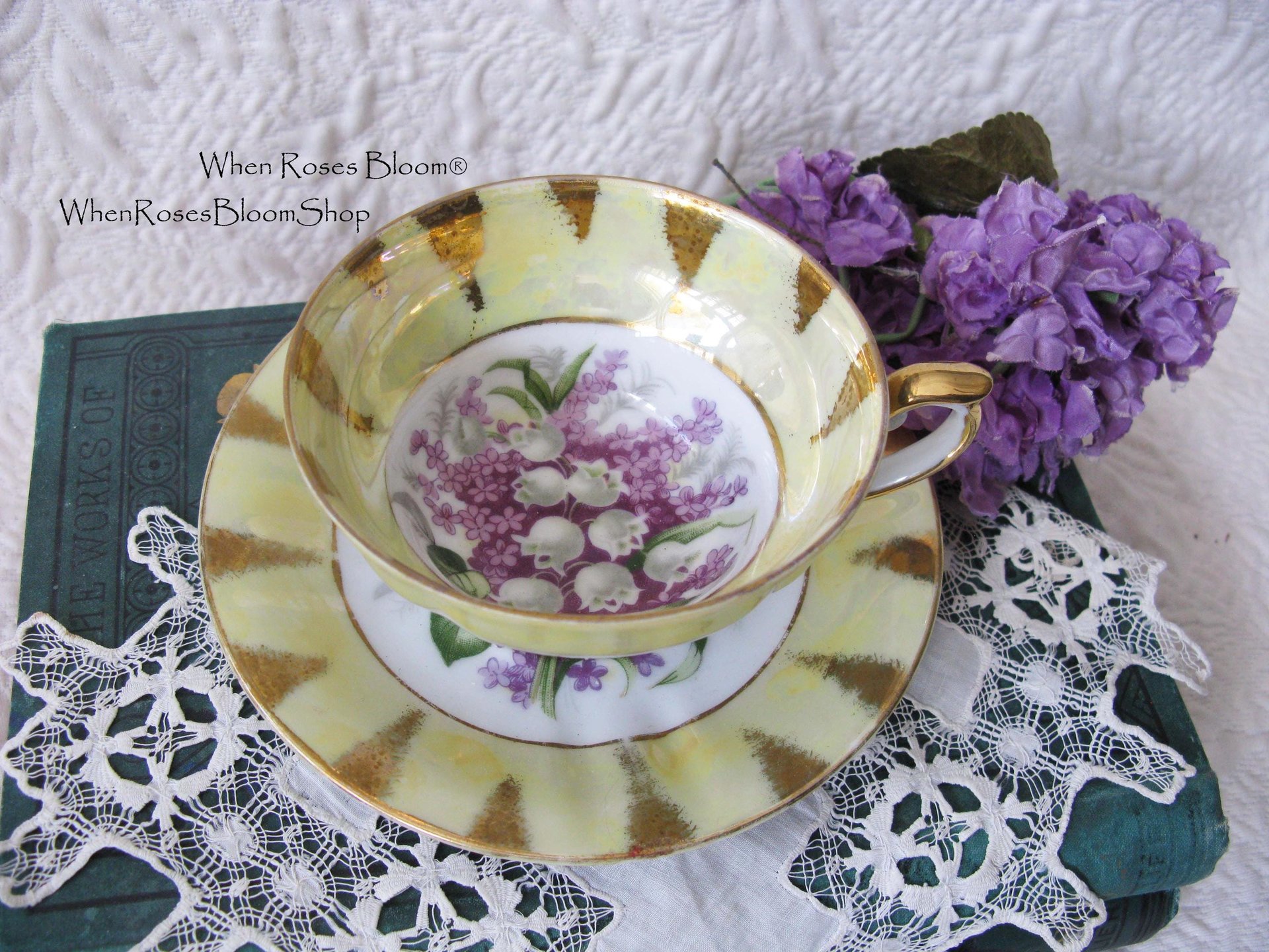 Tea Cup Footed Yellow Gold Lilacs Lily Valley Decoration Japan Retro Vintage Tea Time Gift Romantic Shabby Chic Cottage Tea WhenRosesBloom