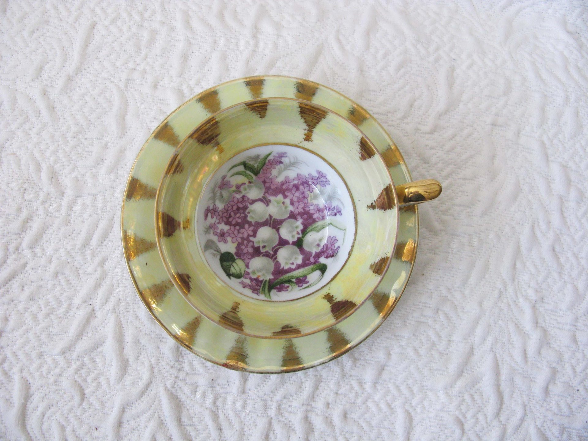 Tea Cup Footed Yellow Gold Lilacs Lily Valley Decoration Japan Retro Vintage Tea Time Gift Romantic Shabby Chic Cottage Tea WhenRosesBloom