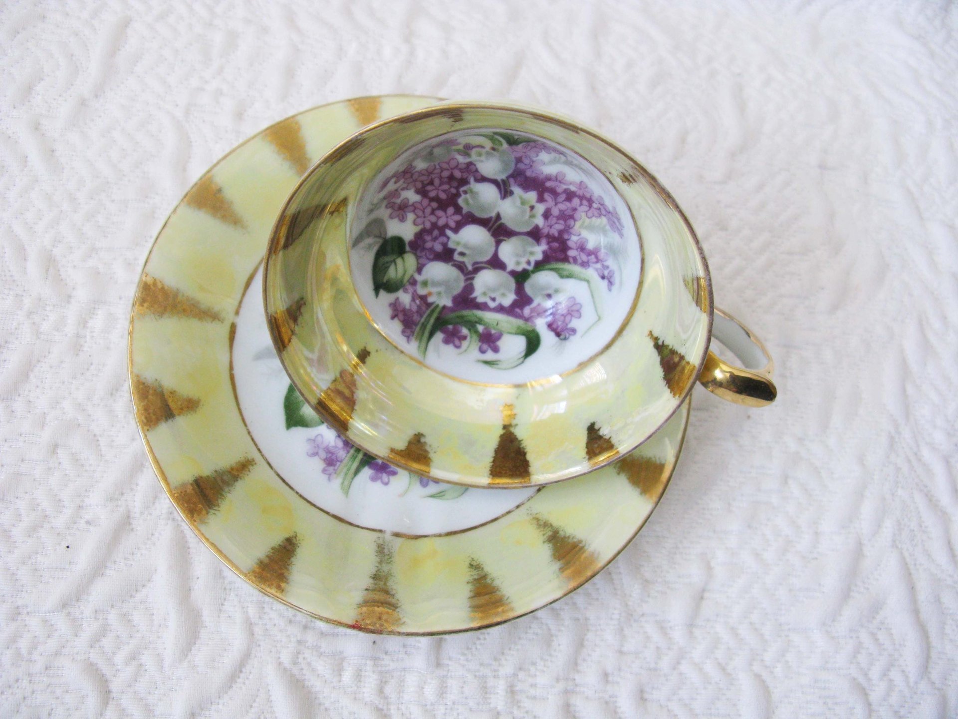 Tea Cup Footed Yellow Gold Lilacs Lily Valley Decoration Japan Retro Vintage Tea Time Gift Romantic Shabby Chic Cottage Tea WhenRosesBloom