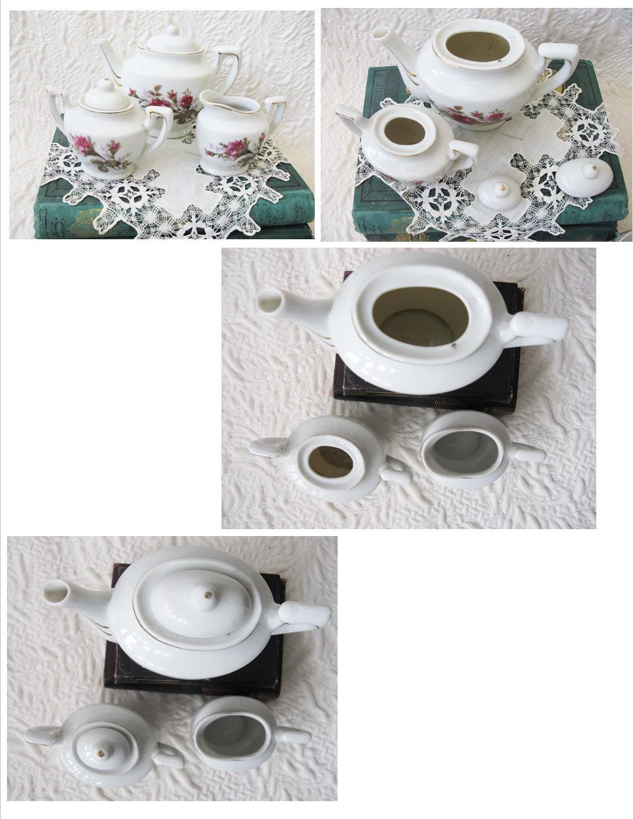 Child Moss Rose Toy Tea set Tea Pot china dishes Japan Vintage Doll Toy Tea Time Mid Century Gift Cottage Shabby Chic WhenRosesBloom