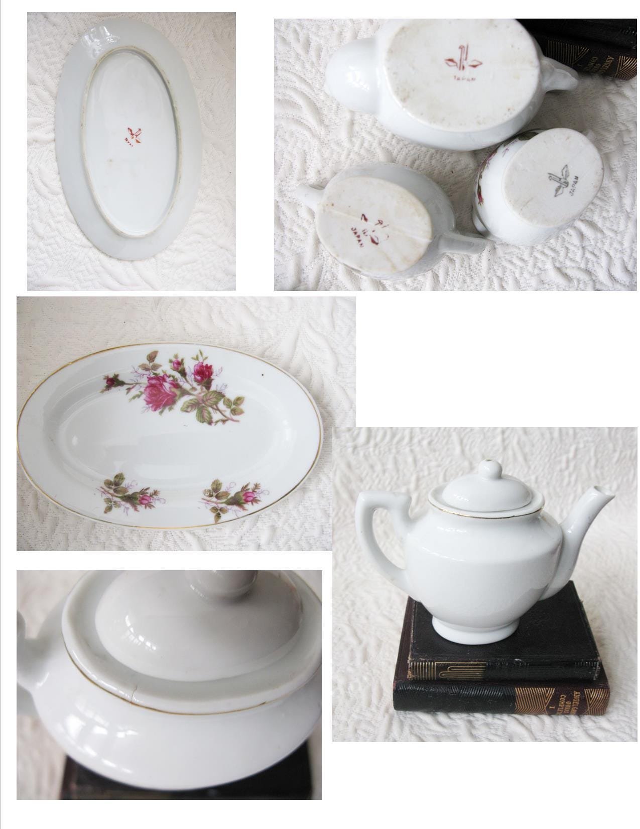 Child Moss Rose Toy Tea set Tea Pot china dishes Japan Vintage Doll Toy Tea Time Mid Century Gift Cottage Shabby Chic WhenRosesBloom