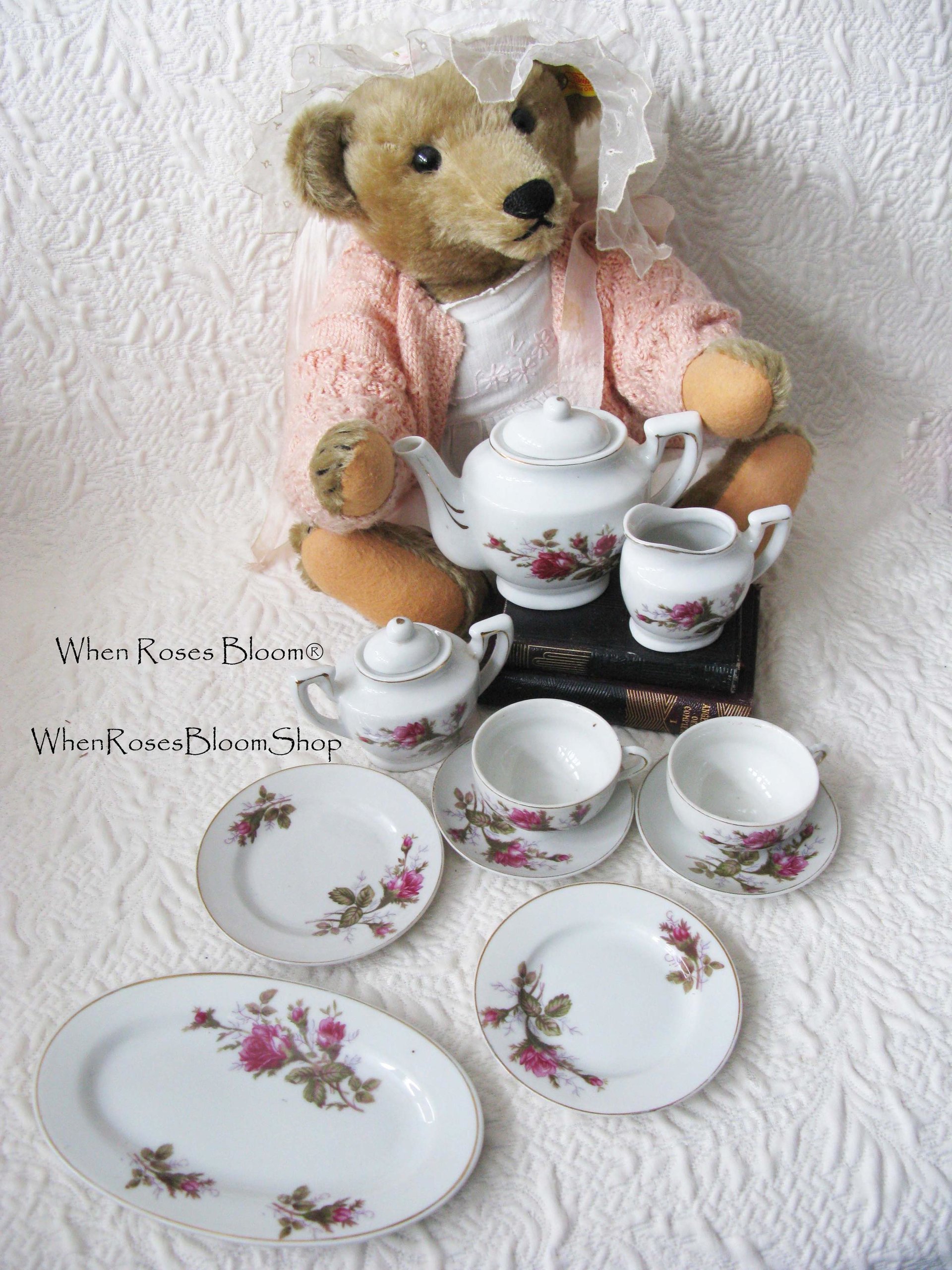 Child Moss Rose Toy Tea set Tea Pot china dishes Japan Vintage Doll Toy Tea Time Mid Century Gift Cottage Shabby Chic WhenRosesBloom
