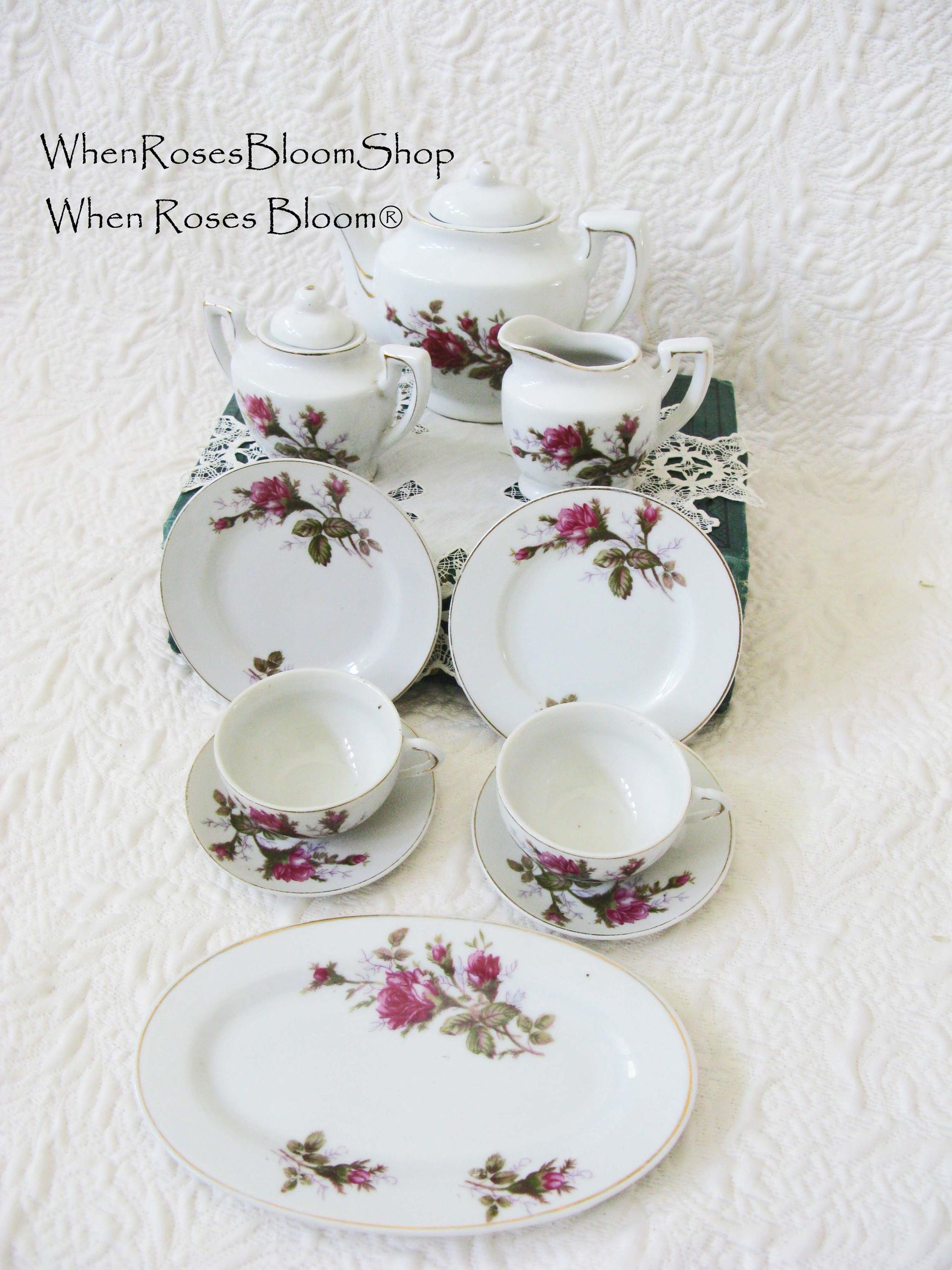 Child Moss Rose Toy Tea set Tea Pot china dishes Japan Vintage Doll Toy Tea Time Mid Century Gift Cottage Shabby Chic WhenRosesBloom