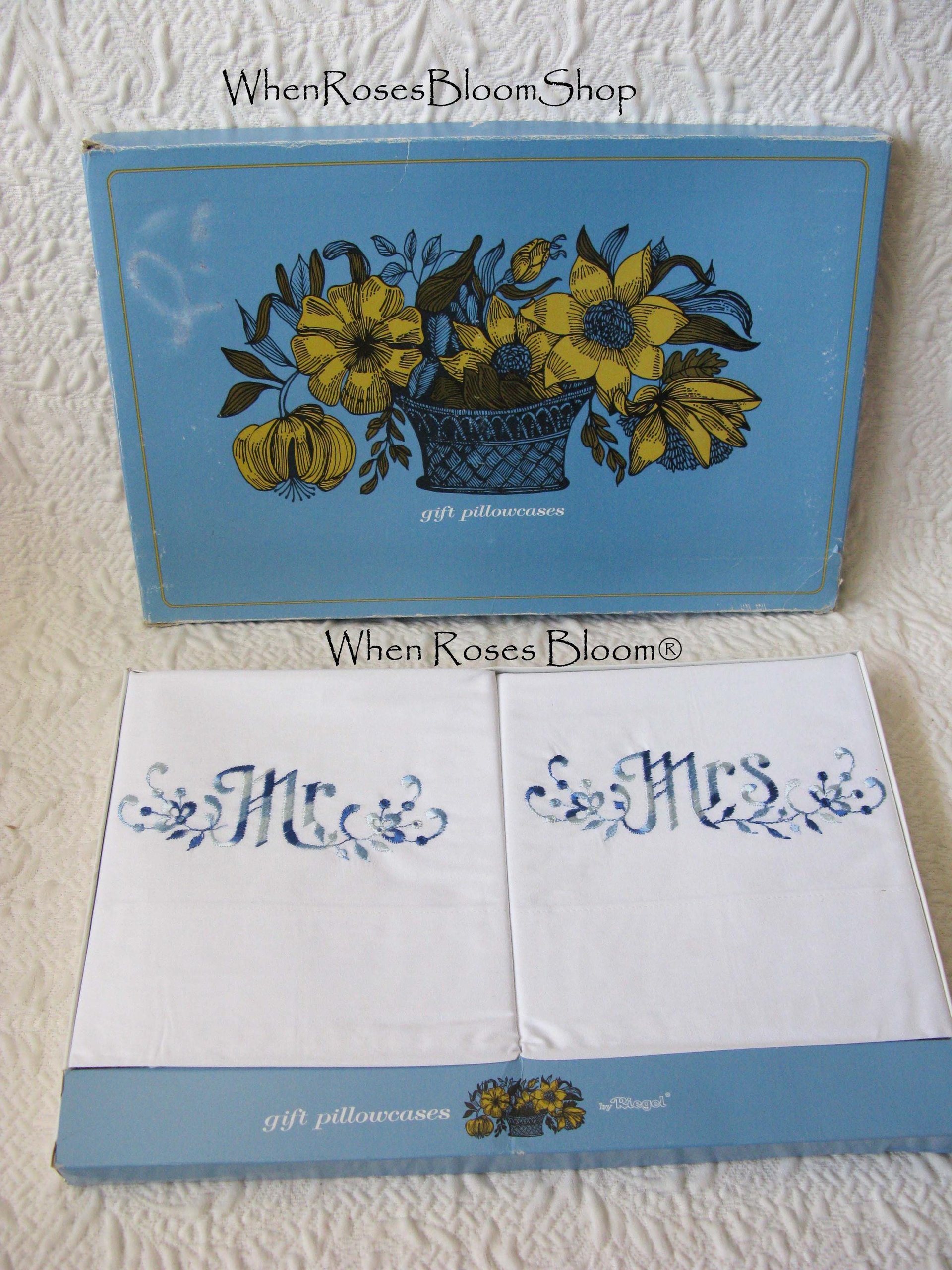 Vintage Pillowcases Mr & Mrs Blue Embroidery Trousseau Pair Boxed 1960s  NOS Grannycore  Shabby Chic Farmhouse Cottage Style  WhenRosesBloom