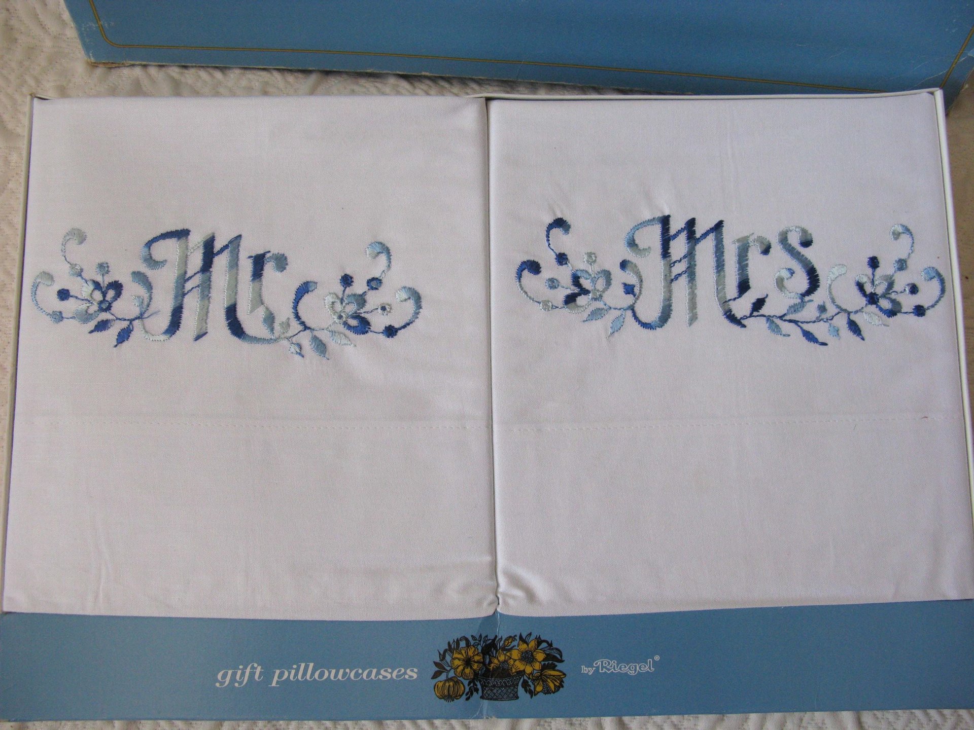 Vintage Pillowcases Mr & Mrs Blue Embroidery Trousseau Pair Boxed 1960s  NOS Grannycore  Shabby Chic Farmhouse Cottage Style  WhenRosesBloom