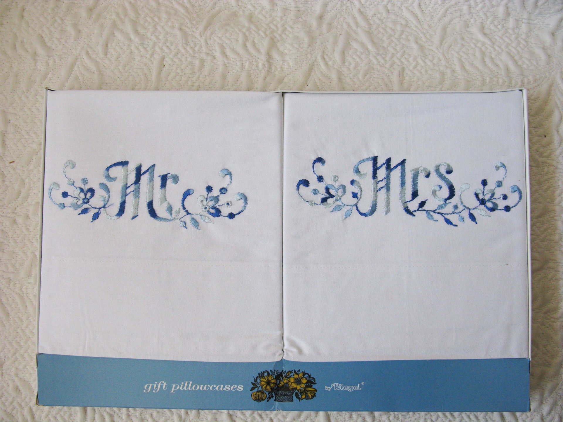 Vintage Pillowcases Mr & Mrs Blue Embroidery Trousseau Pair Boxed 1960s  NOS Grannycore  Shabby Chic Farmhouse Cottage Style  WhenRosesBloom