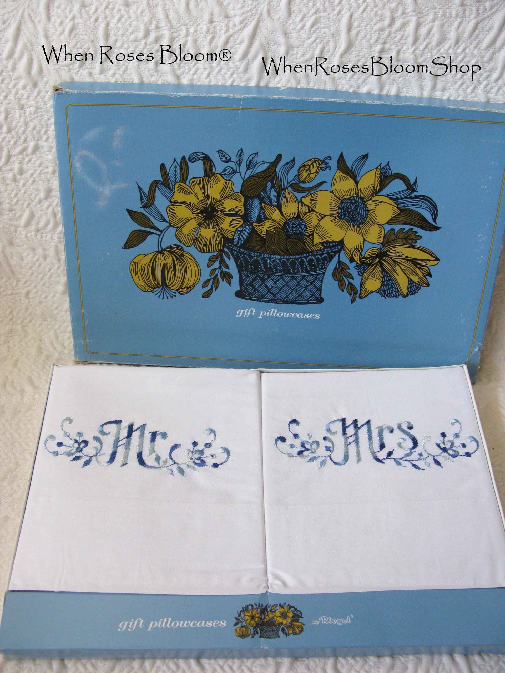 Vintage Pillowcases Mr & Mrs Blue Embroidery Trousseau Pair Boxed 1960s  NOS Grannycore  Shabby Chic Farmhouse Cottage Style  WhenRosesBloom