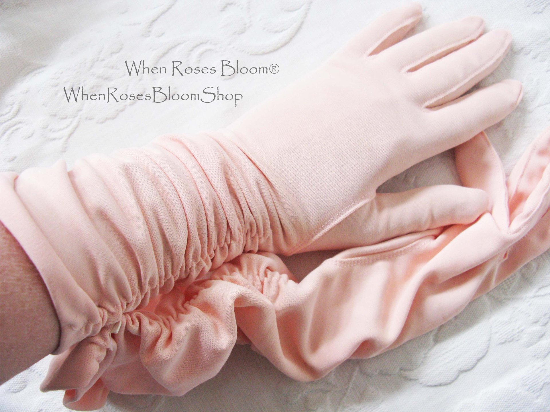 Vintage Pink Gloves Size 7 1/2 gathered wrist accent Tea Party Dance  Mid Century Audrey Hepburn Style NOS New old stock WhenRosesBloom