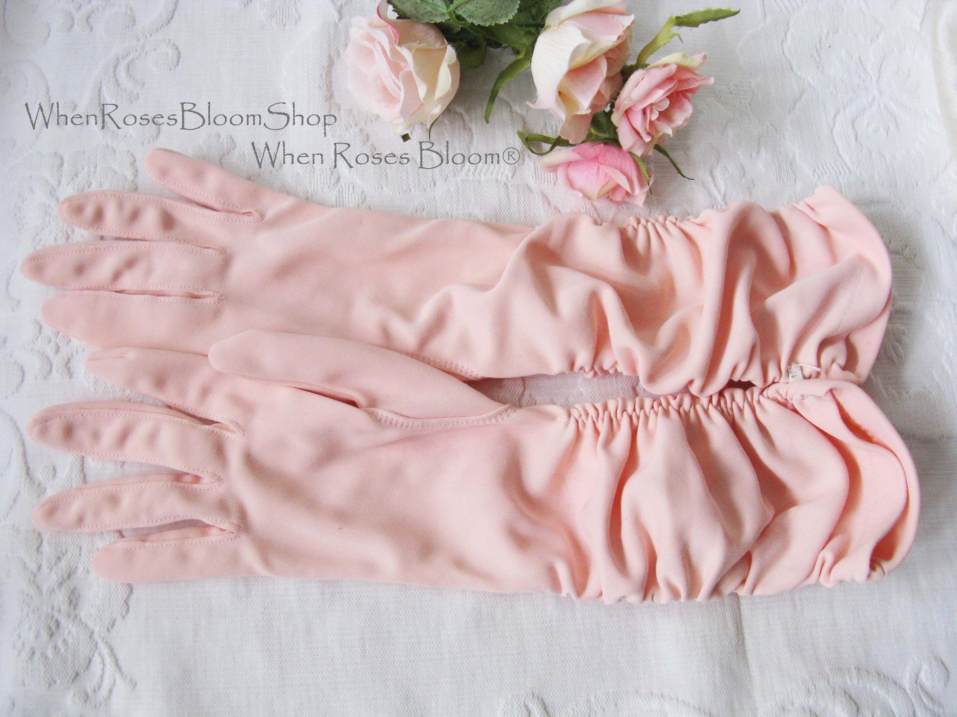 Vintage Pink Gloves Size 7 1/2 gathered wrist accent Tea Party Dance  Mid Century Audrey Hepburn Style NOS New old stock WhenRosesBloom
