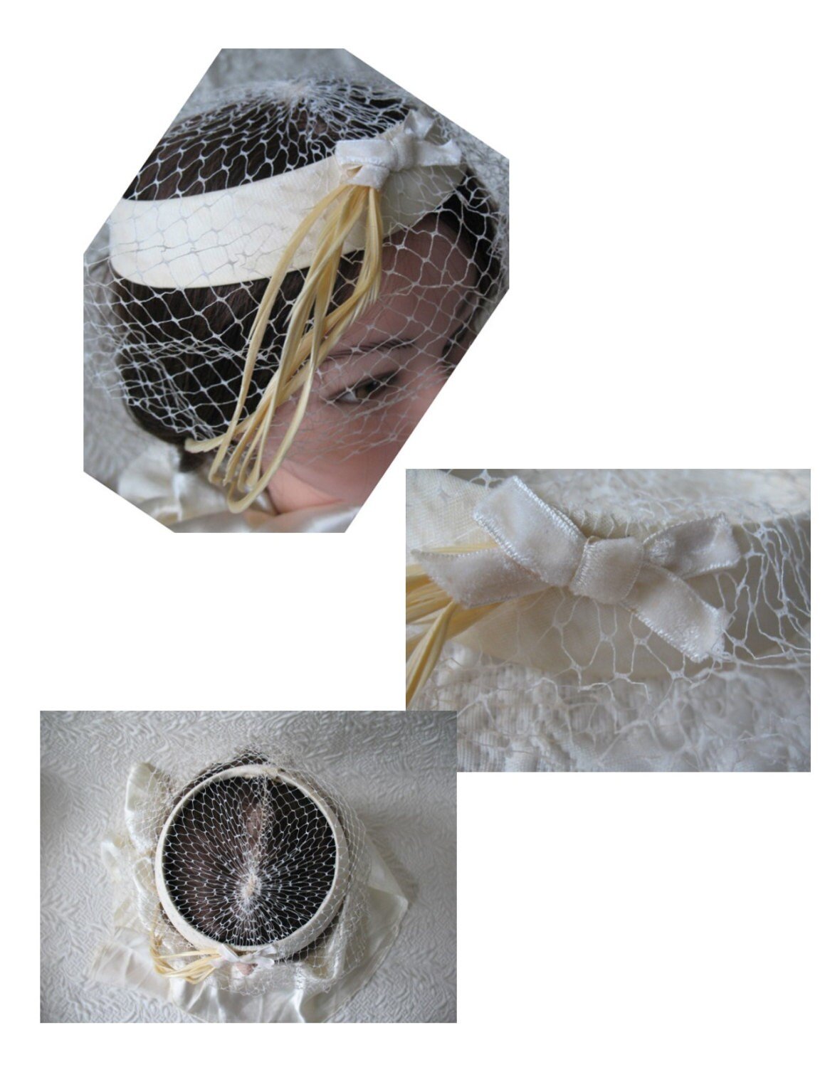 Vintage Hat White Fascinator Cocktail Tea Party Wedding Bridal Art Deco Gatsby Hat w/Feathers Net Birdcage Veil Mid Century WhenRosesBloom