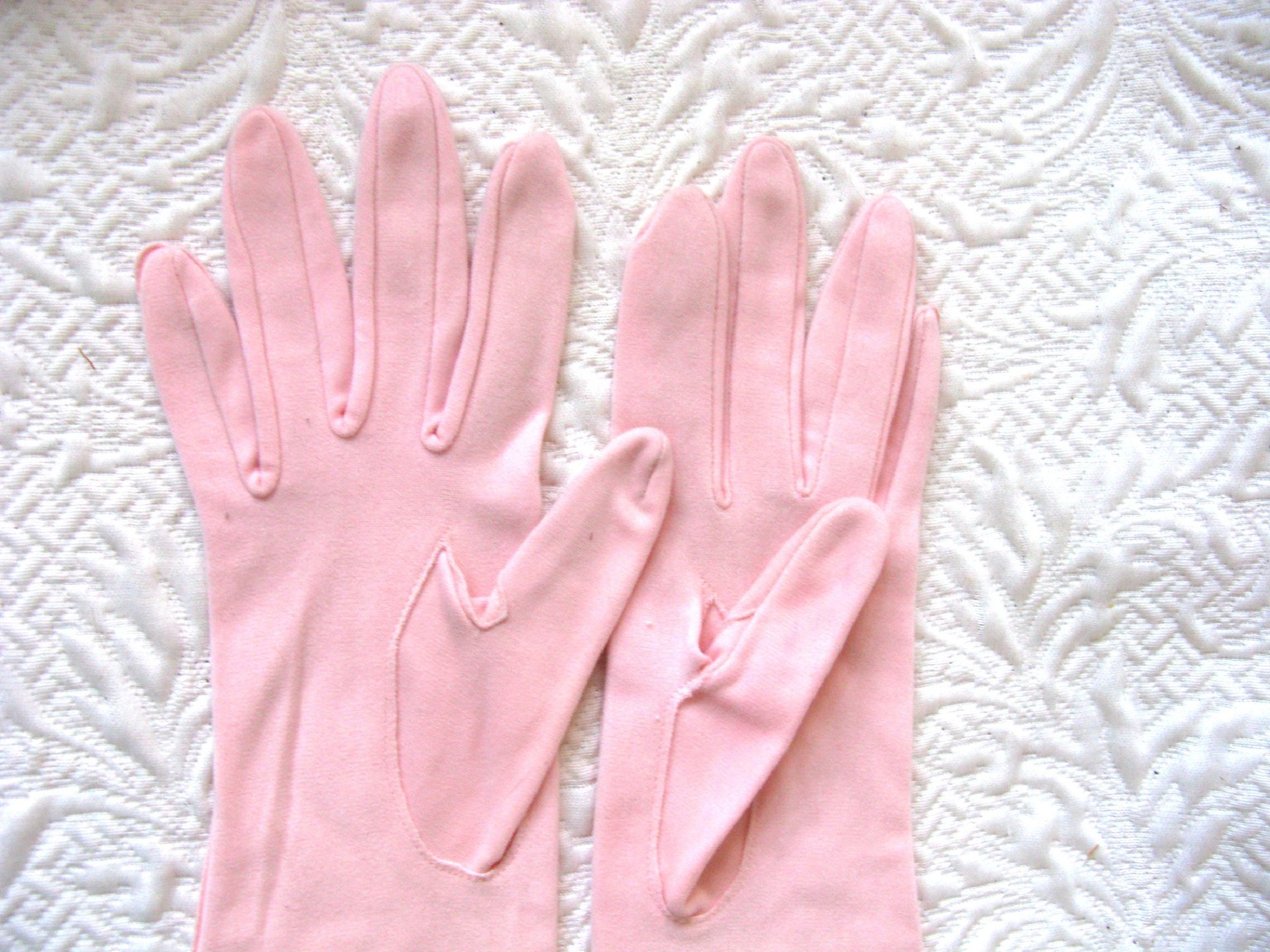 Vintage Pink Gloves Brushed Nylon Forearm length Size 7 Tea Party Dance  Mid Century Audrey Hepburn Style  WhenRosesBloom
