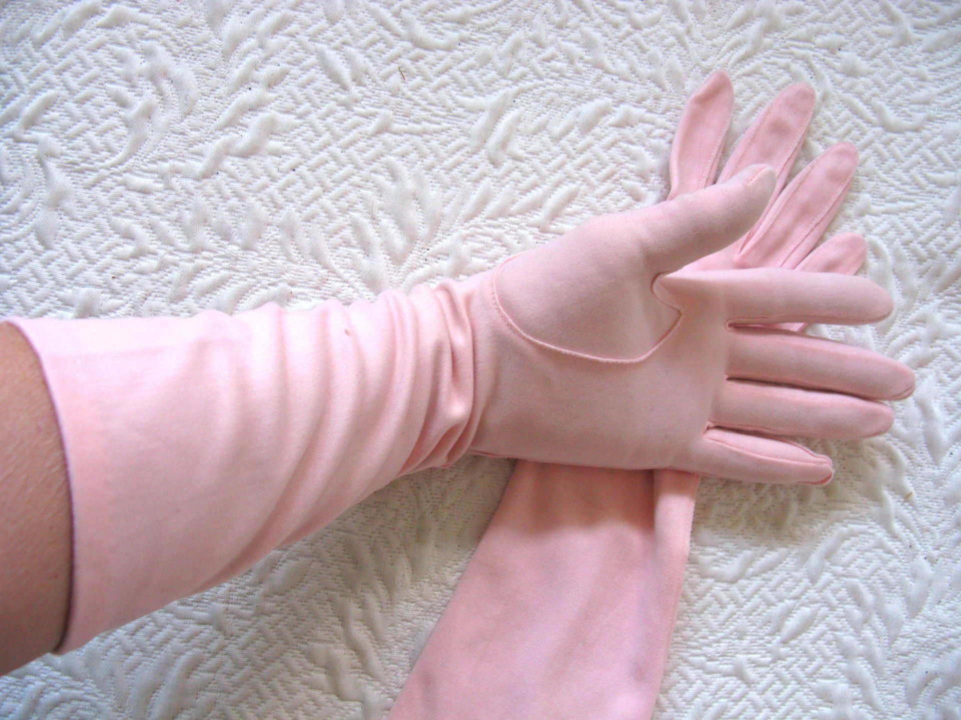 Vintage Pink Gloves Brushed Nylon Forearm length Size 7 Tea Party Dance  Mid Century Audrey Hepburn Style  WhenRosesBloom