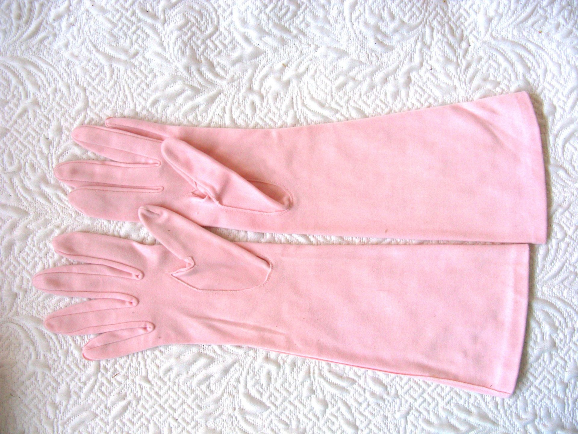 Vintage Pink Gloves Brushed Nylon Forearm length Size 7 Tea Party Dance  Mid Century Audrey Hepburn Style  WhenRosesBloom