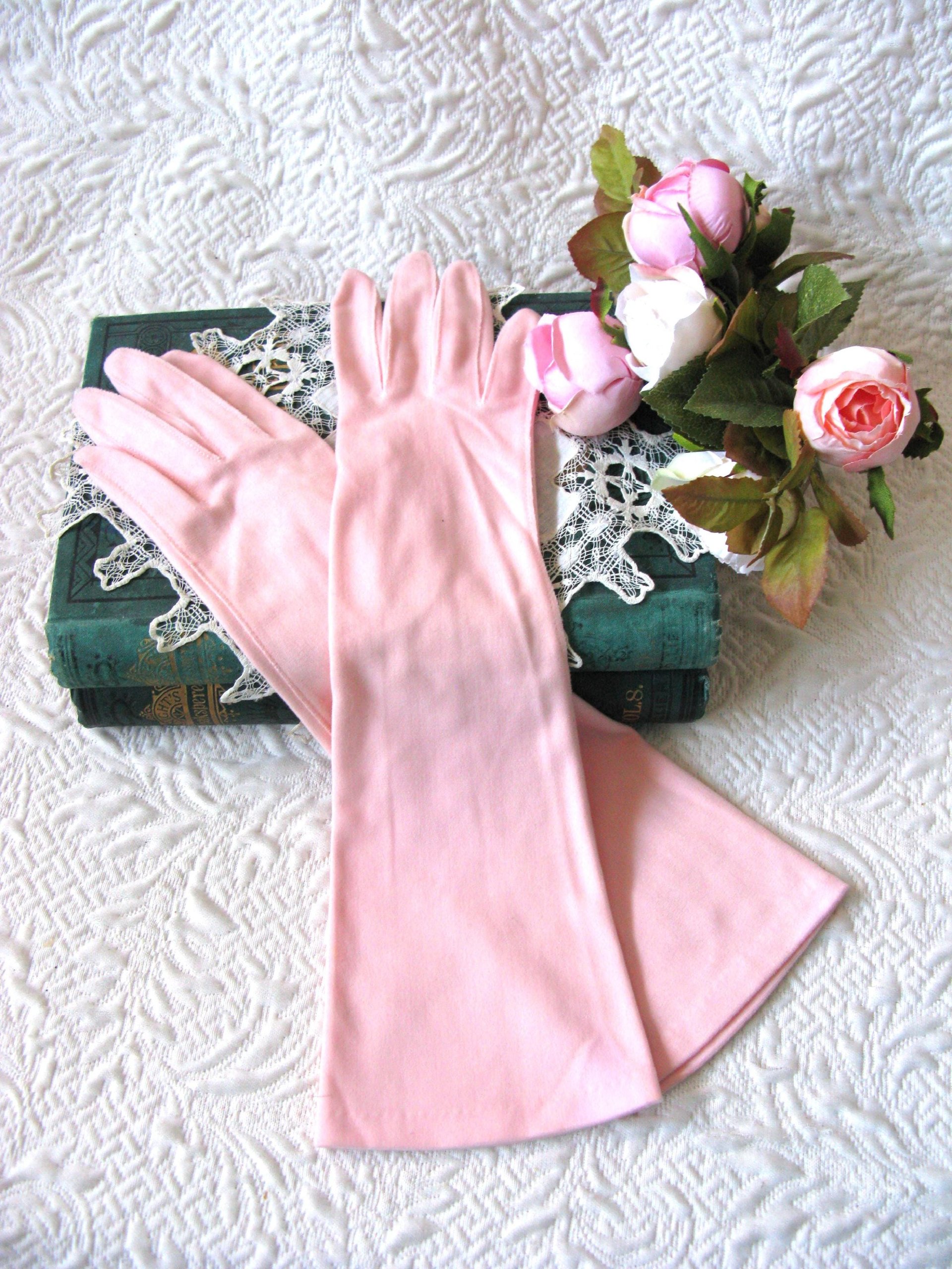 Vintage Pink Gloves Brushed Nylon Forearm length Size 7 Tea Party Dance  Mid Century Audrey Hepburn Style  WhenRosesBloom