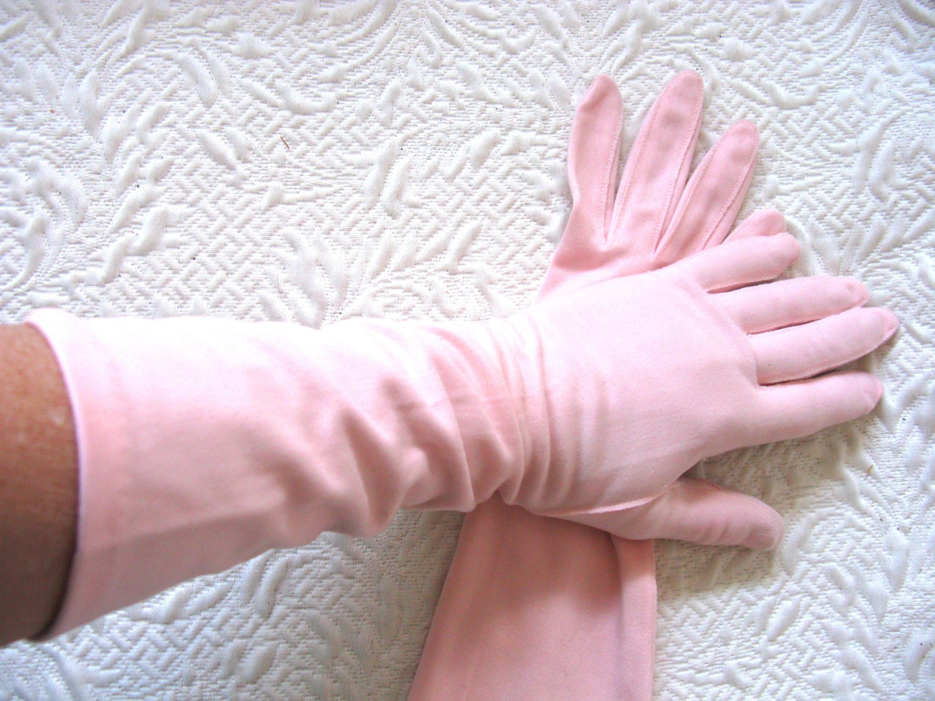 Vintage Pink Gloves Brushed Nylon Forearm length Size 7 Tea Party Dance  Mid Century Audrey Hepburn Style  WhenRosesBloom
