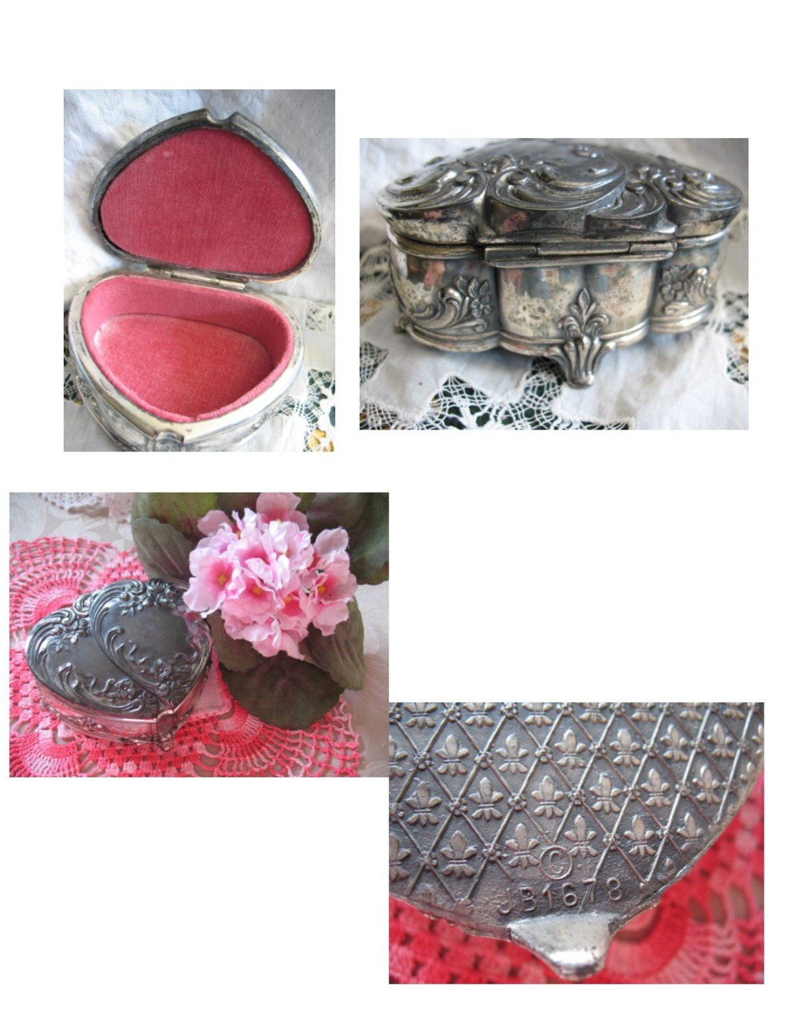 Vintage Silver Jewelry Box Double Heart Embossed Pattern Ornate Floral Pattern Art Nouveau Romantic Gift  Dainty Footed Box WhenRosesBloom