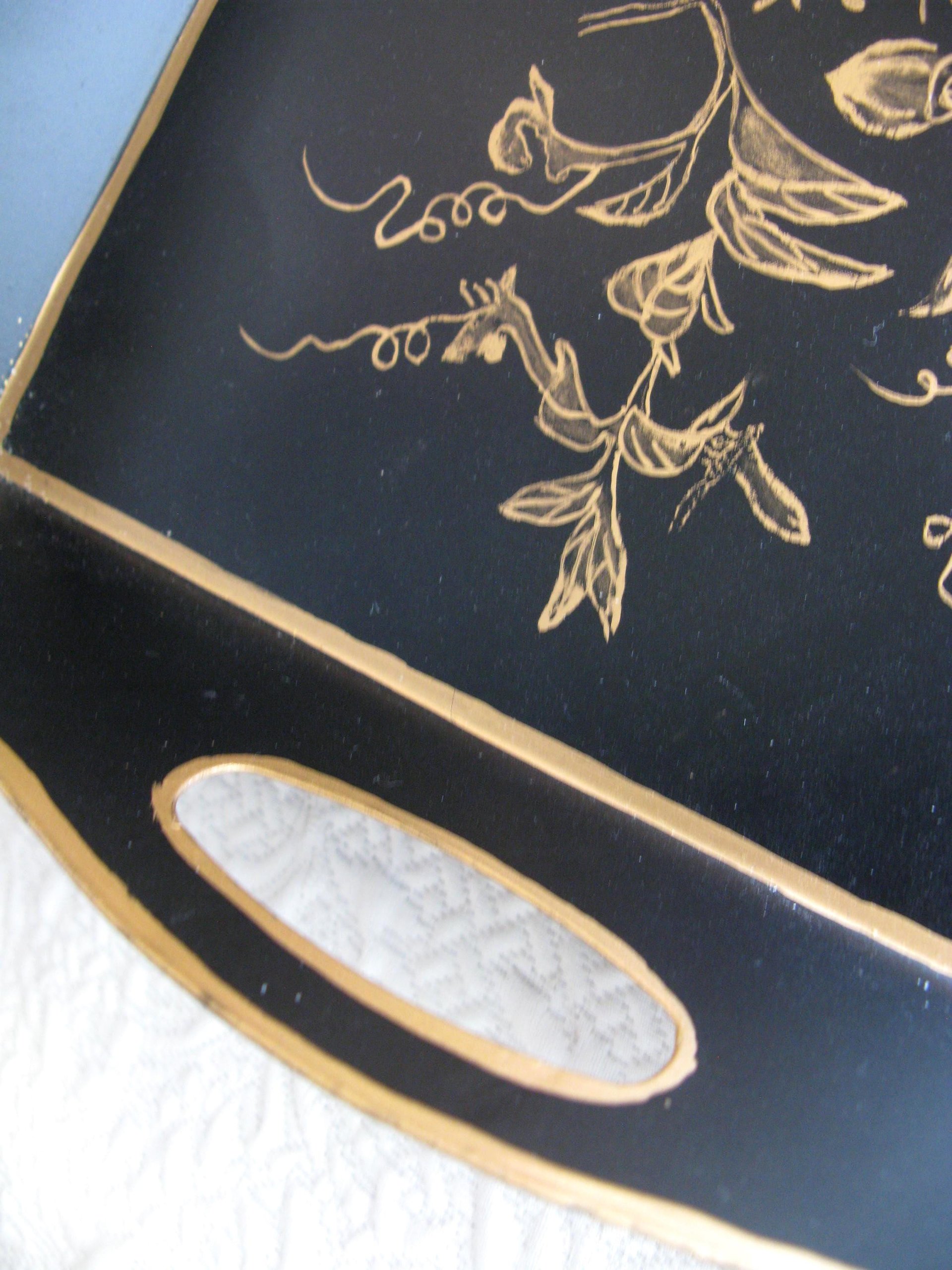 Black & Gold Metal tray French tole with birds and flowers Vintage Party Tea Time Tea Wedding Anniversary Gift Entertainment WhenRosesBloom