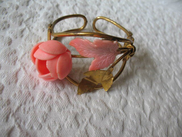 Vintage Bracelet Mid Century Floral Jewelry Bangle Peach Pink  Rose Gold Tone Metal & Plastic Classic Romantic Rose Floral  WhenRosesBloom