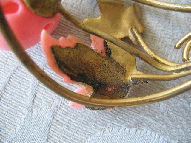 Vintage Bracelet Mid Century Floral Jewelry Bangle Peach Pink  Rose Gold Tone Metal & Plastic Classic Romantic Rose Floral  WhenRosesBloom