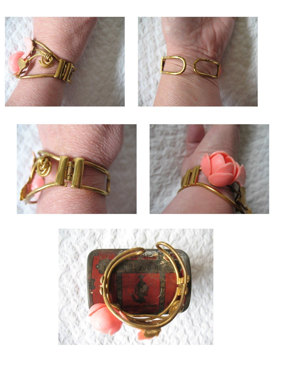 Vintage Bracelet Mid Century Floral Jewelry Bangle Peach Pink  Rose Gold Tone Metal & Plastic Classic Romantic Rose Floral  WhenRosesBloom
