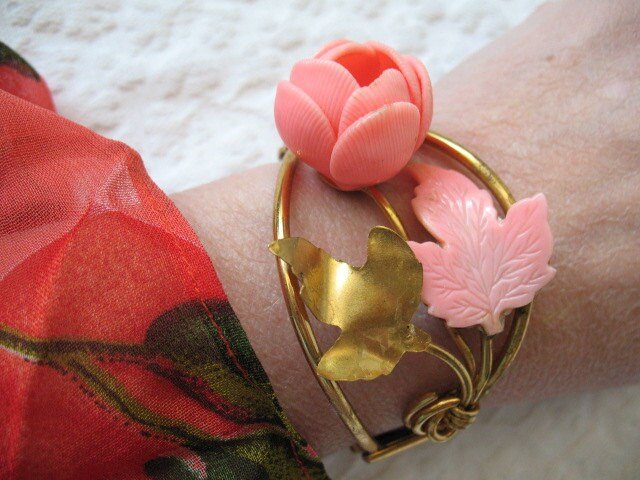 Vintage Bracelet Mid Century Floral Jewelry Bangle Peach Pink  Rose Gold Tone Metal & Plastic Classic Romantic Rose Floral  WhenRosesBloom