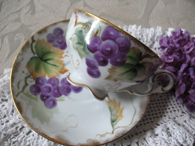 Vintage Lefton Teacup  Footed Purple Grapes hand painted  Mid Century Retro Tea Gift Downton Abbey Shabby Chic Classic Tea WhenRosesBloom