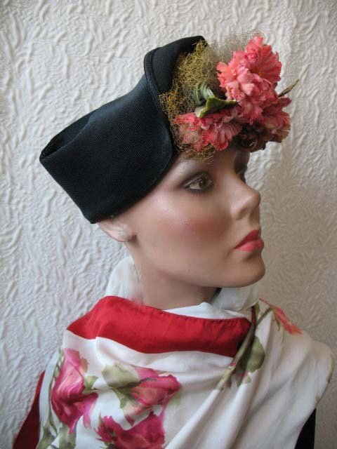 Vintage Black Hat Retro Straw Pink Floral Accent Classic Elegant Tea Party Circa 1930-1950s Hi Style Hats Women's Accessories WhenRosesBloom