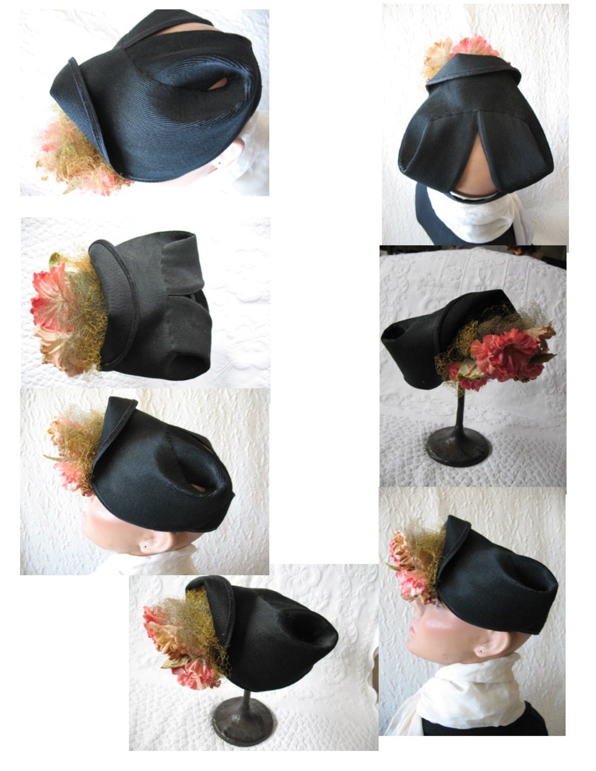 Vintage Black Hat Retro Straw Pink Floral Accent Classic Elegant Tea Party Circa 1930-1950s Hi Style Hats Women's Accessories WhenRosesBloom