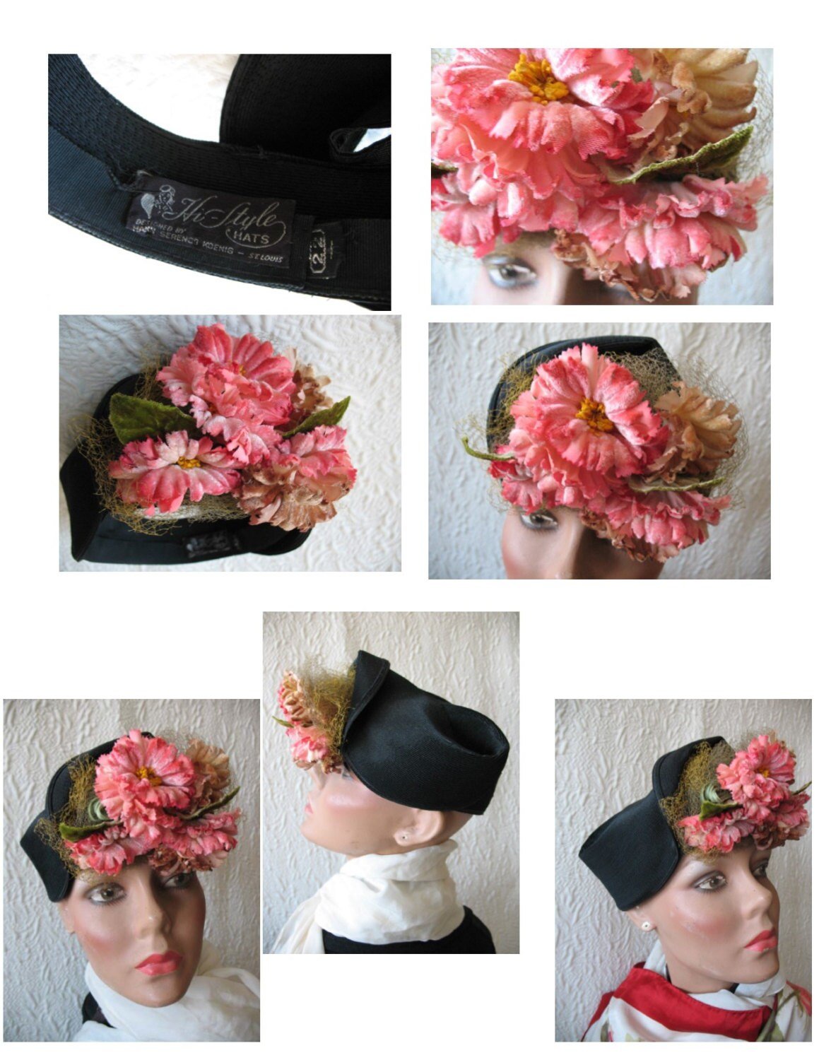 Vintage Black Hat Retro Straw Pink Floral Accent Classic Elegant Tea Party Circa 1930-1950s Hi Style Hats Women's Accessories WhenRosesBloom