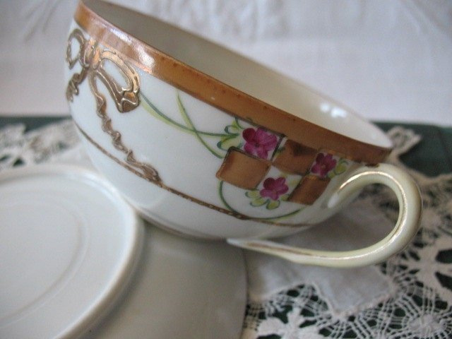 Vintage Tea Cup Nippon China Japan Retro Tea Dainty TeaTime Gift Gold Bow Farmhouse Cottage Shabby Chic Downton Abbey Style WhenRosesBloom