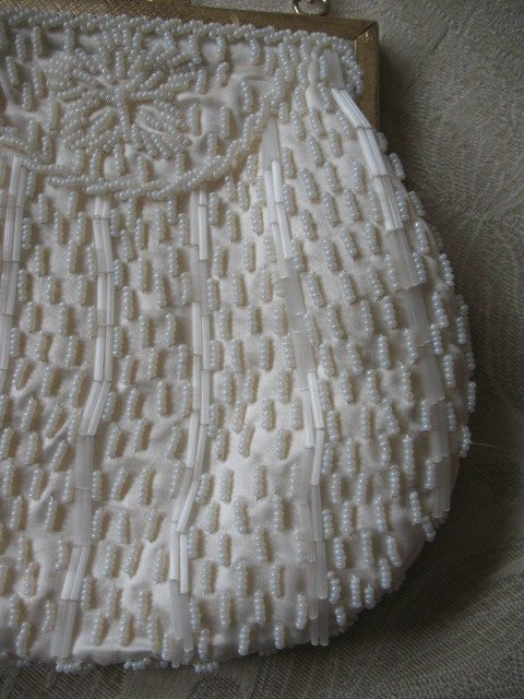 Vintage Purse White  Beaded Formal Evening Handbag 1960s Wedding Tea Party Deubutante Classic Bridal Womens's Accessories WhenRosesBloom