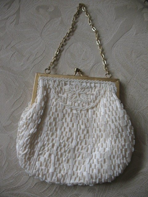 Vintage Purse White  Beaded Formal Evening Handbag 1960s Wedding Tea Party Deubutante Classic Bridal Womens's Accessories WhenRosesBloom